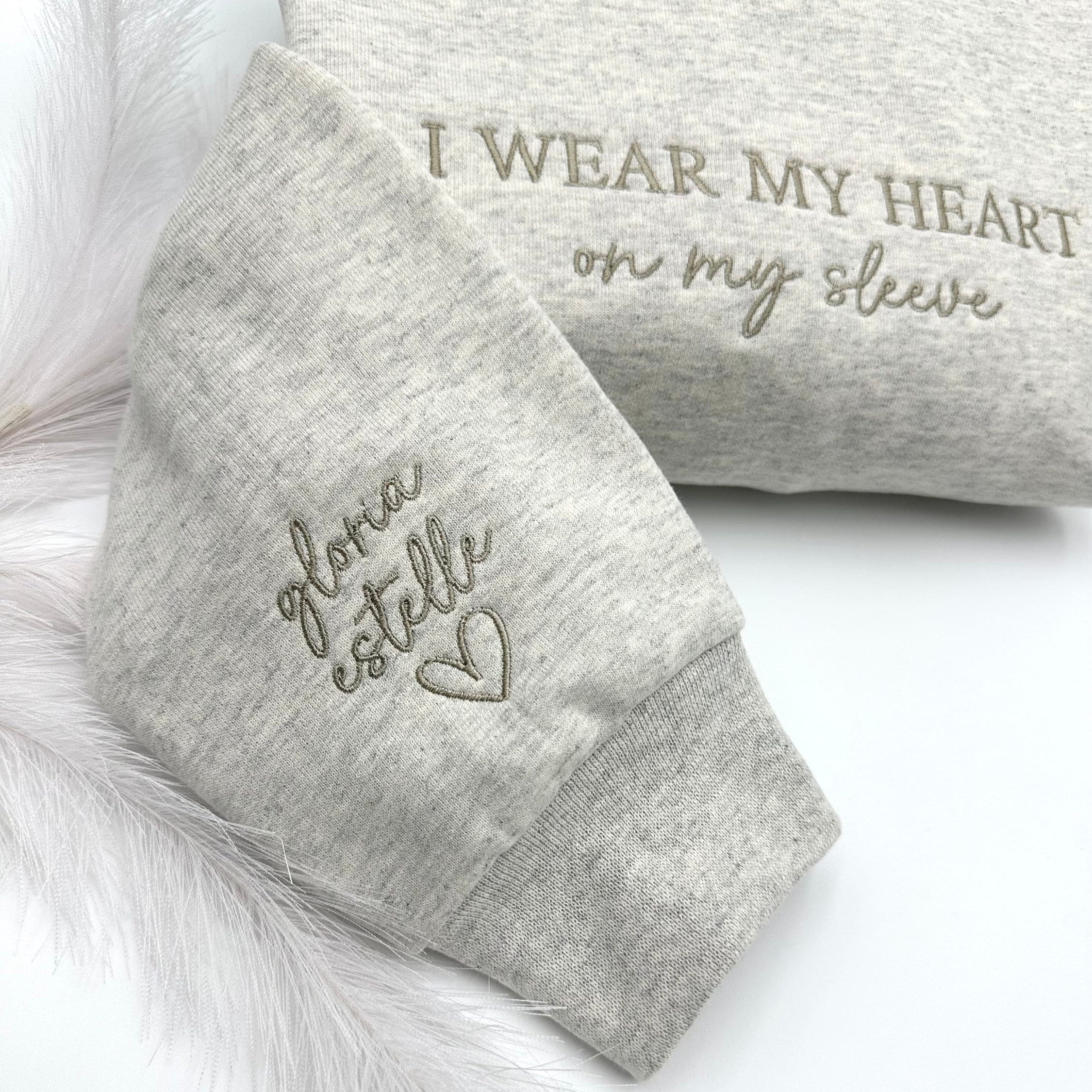 Embroidered I Wear My Heart On My Sleeve Crewneck or Hoodie, Custom Mama Sweatshirt with Children Name on Sleeve, Gift for Mom, New Mommy