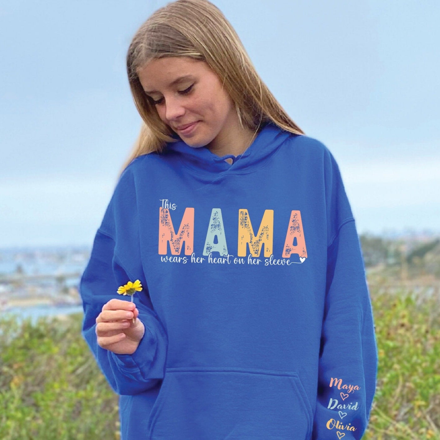 This Mama Wears Her Heart on Her Sleeve Custom Sweatshirt, Custom Mama Hoodie, Custom Mama Sweatshirt, Gift for Mother's Day, Gift for Mom