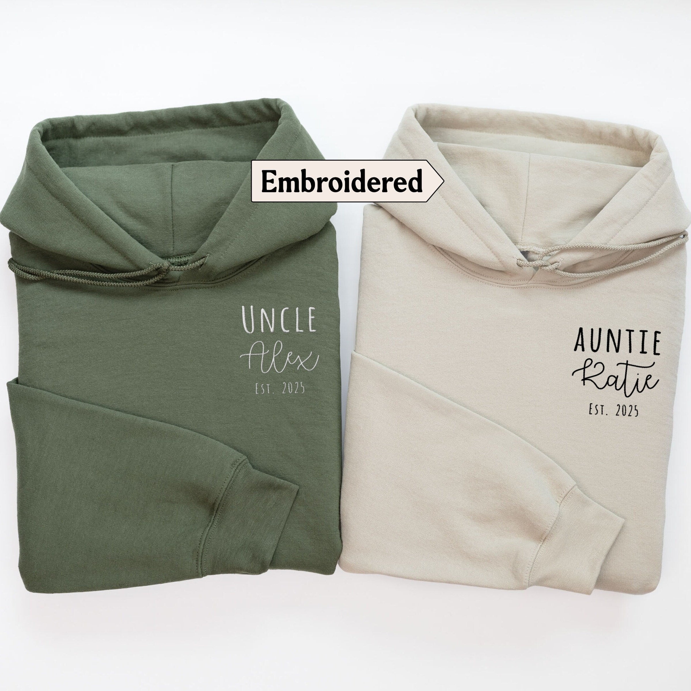 Custom Auntie Sweatshirt Embroidered Hoodies, Gift for new Aunt Est 2025 Shirt, Gift for Uncle, Pregnancy reveal gift