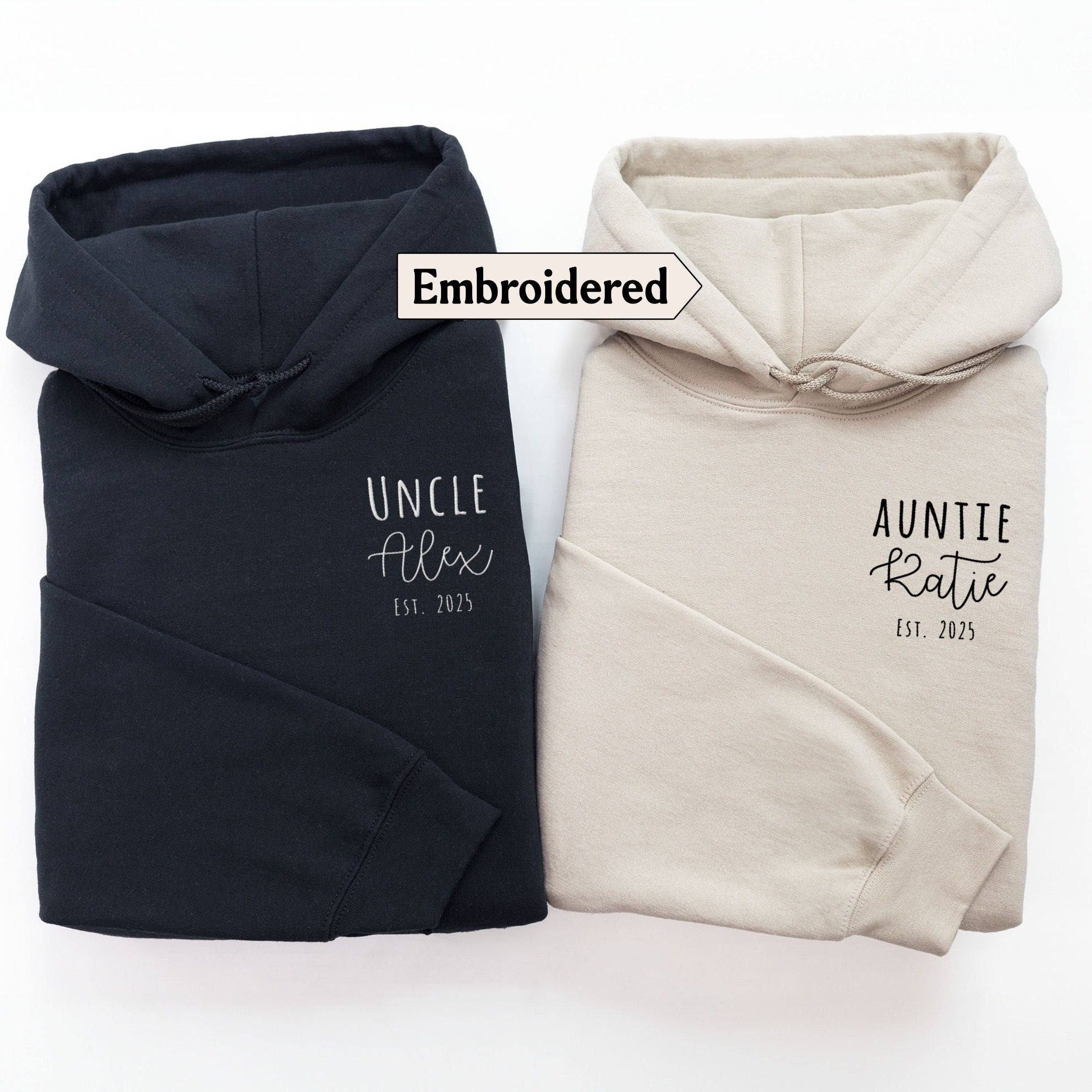 Custom Auntie Sweatshirt Embroidered Hoodies, Gift for new Aunt Est 2025 Shirt, Gift for Uncle, Pregnancy reveal gift