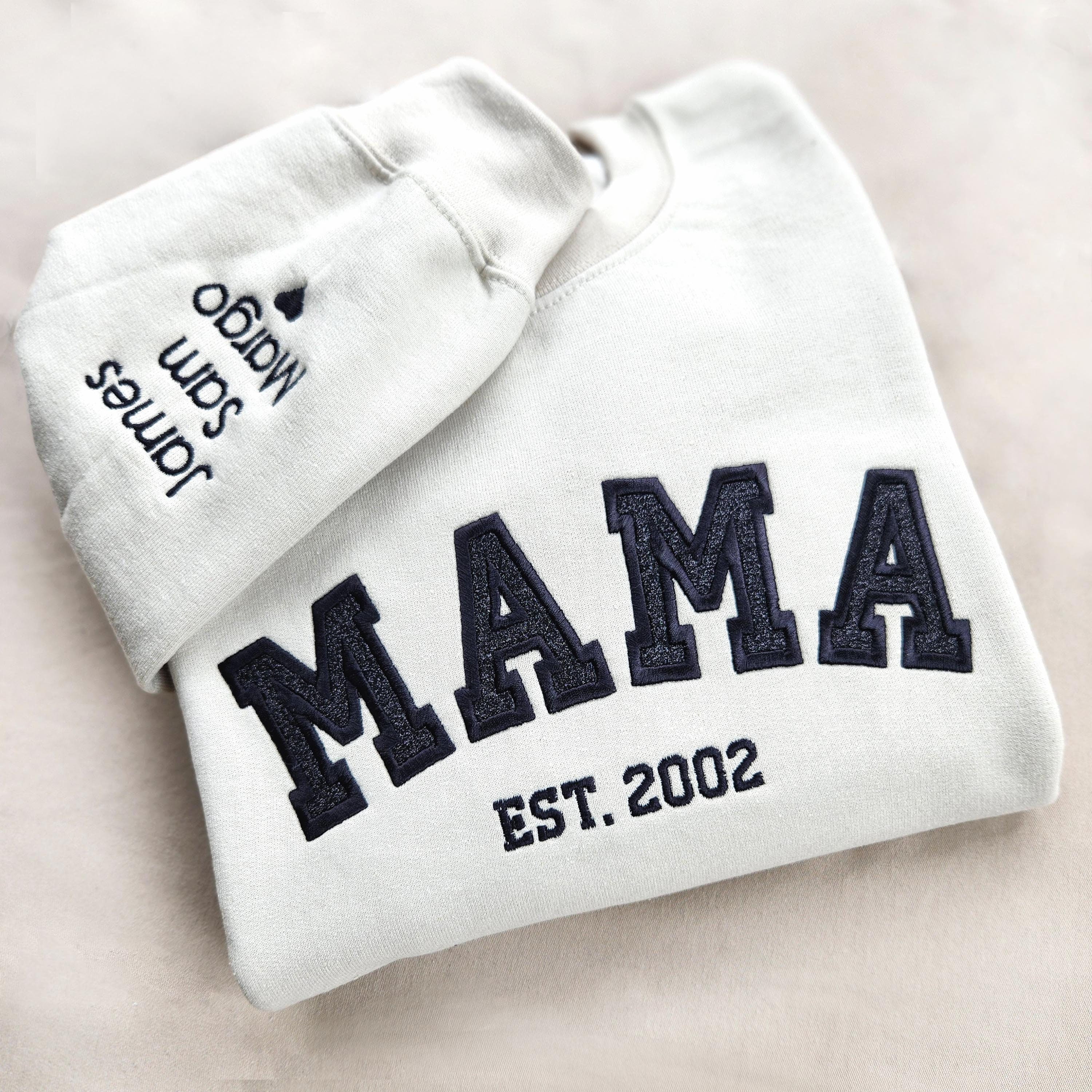 Custom Embroidered Mama Sweatshirt with Kids Names on Sleeve New Mom Hoodie Personalized Gift for Mom Crewneck Pullover