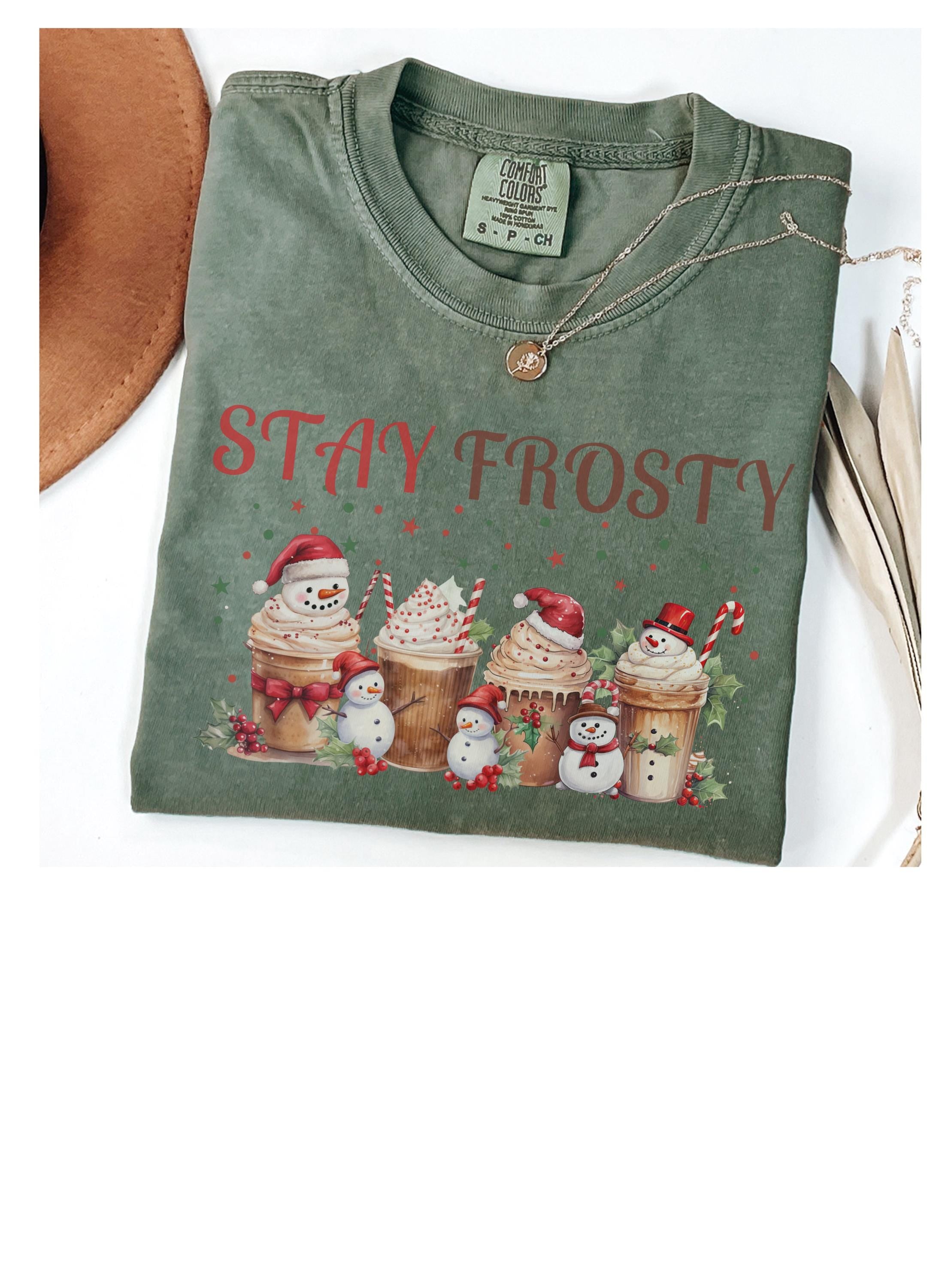 Comfort Colors® 1717 Unisex Garment-Dyed T-shirt, Iced Coffee Christmas Shirt, Stay Frosty Snowman Tee, Holiday Coffee Outfit for Women and Men, Perfect Xmas Gift, Cozy Winter Aesthetic