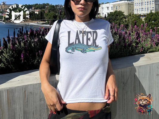 Later Gator 90s Y2K Baby Tee for Women, Alligator Print Retro Cropped T-Shirt, Funky Fashion Statement Top, Aesthetic Summer Outfit Gift