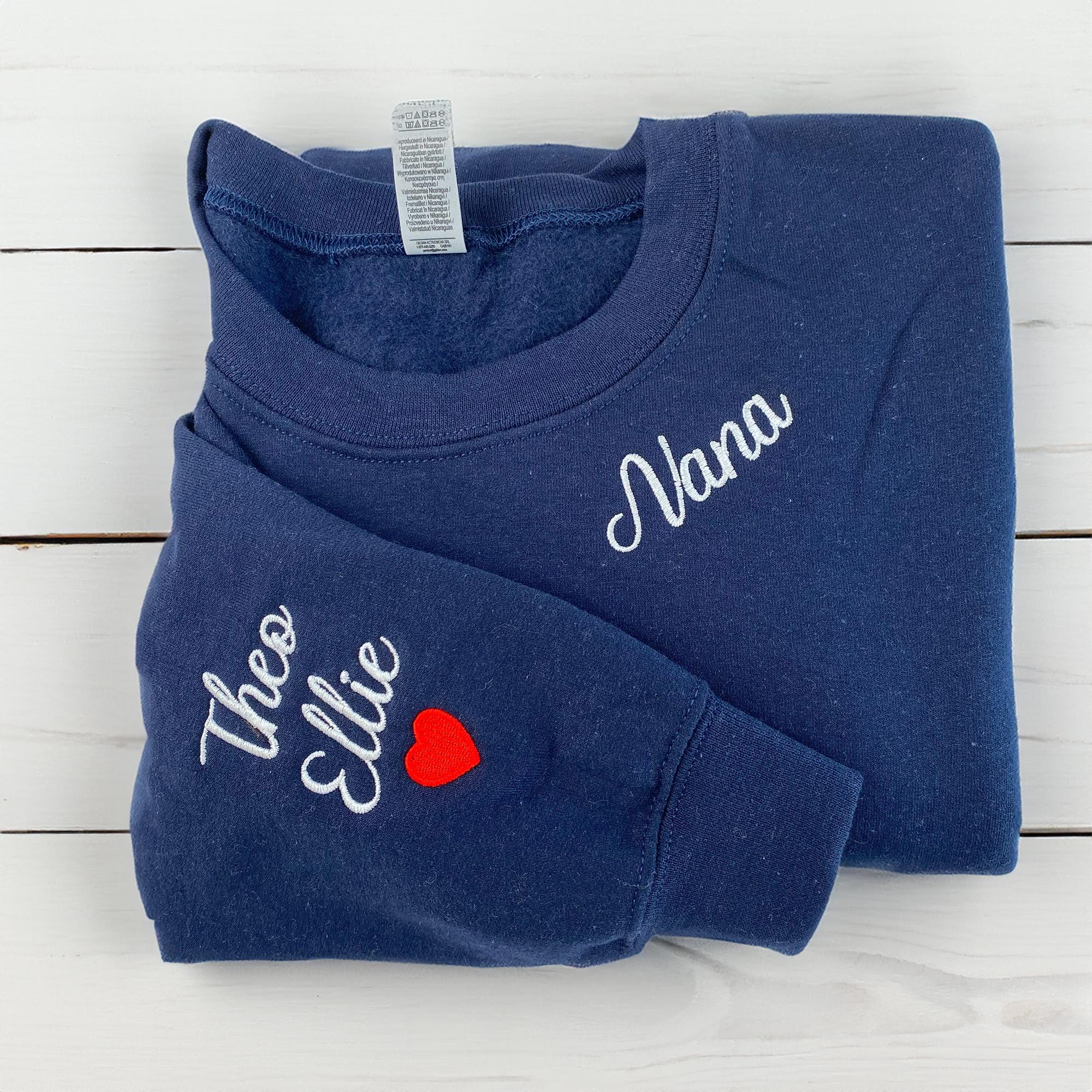 Custom Embroidered Mimi Grandma Gigi or Any Text on Neckline Sweatshirt, Names on Sleeve, Personalized Gift for Mom Momma Nana Sweater