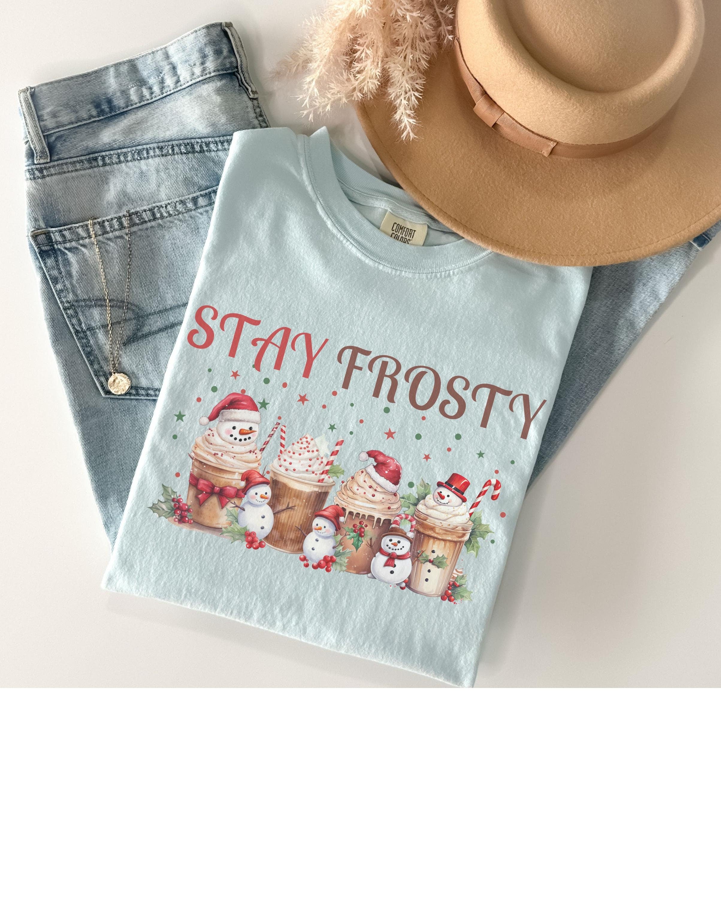 Comfort Colors® 1717 Unisex Garment-Dyed T-shirt, Iced Coffee Christmas Shirt, Stay Frosty Snowman Tee, Holiday Coffee Outfit for Women and Men, Perfect Xmas Gift, Cozy Winter Aesthetic