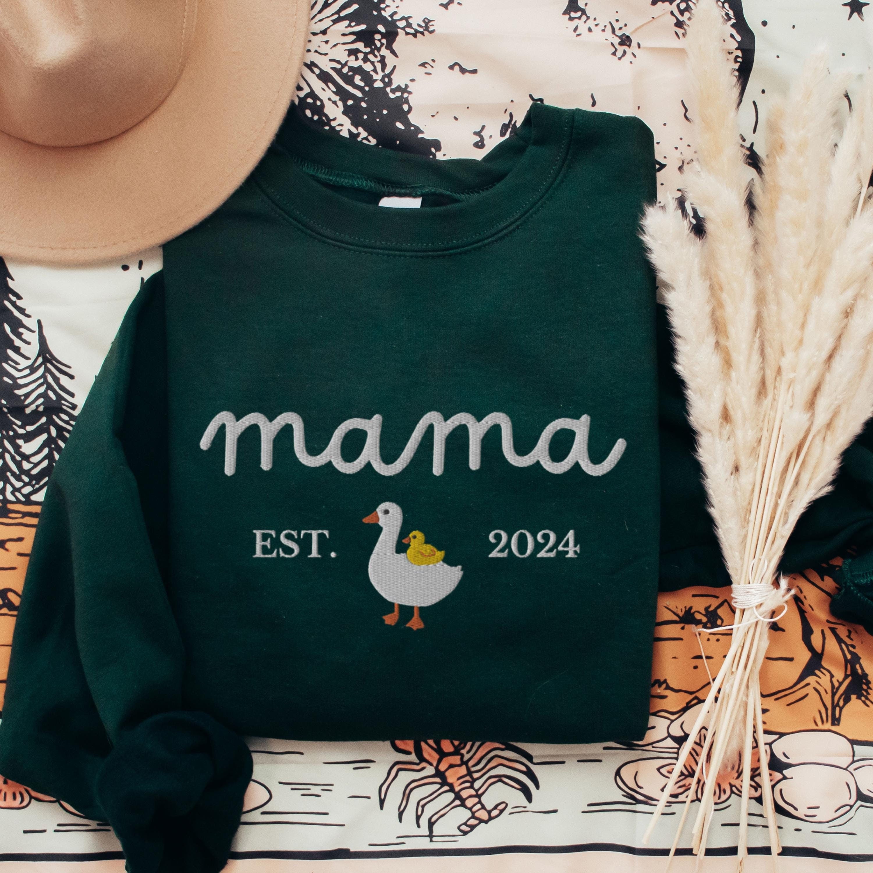 EMBROIDERED Custom Mama Goose Sweatshirt, Mama Duck With Duckling Sweater, Varsity Mama Personalized Year Crewneck, Mama Est Year Crewneck