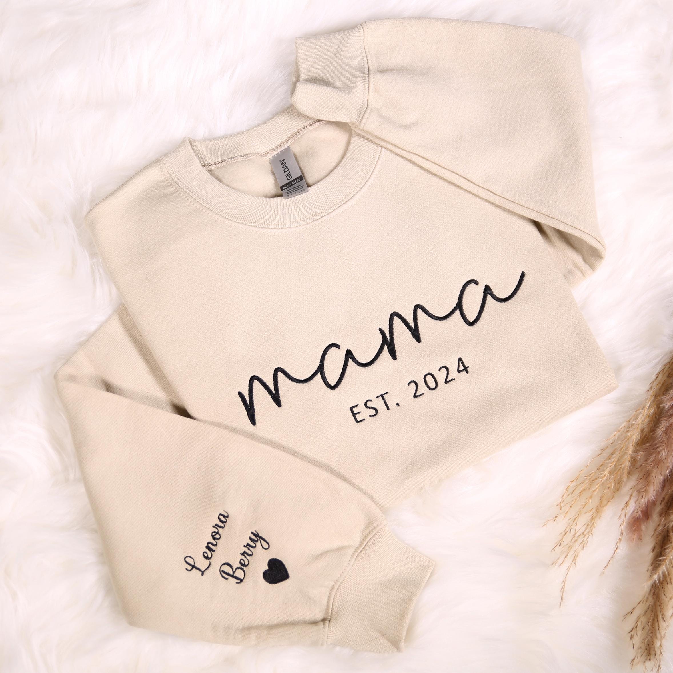 Custom Embroidered Mama Sweatshirt With Kids Names On Sleeve, Personalized Mom Embroidery Hoodie, Birthday Outfits, Baby Announcement Gifts