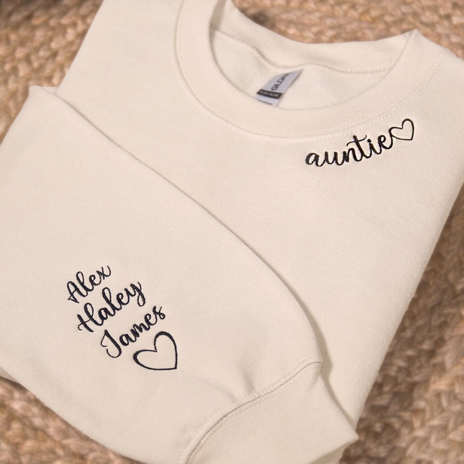 Custom Auntie Embroidered Sweatshirt With Nieces Nephew Names On Sleeve, Personalized Aunt Hoodie, Baby Announcement Outfit, New Aunt Gifts