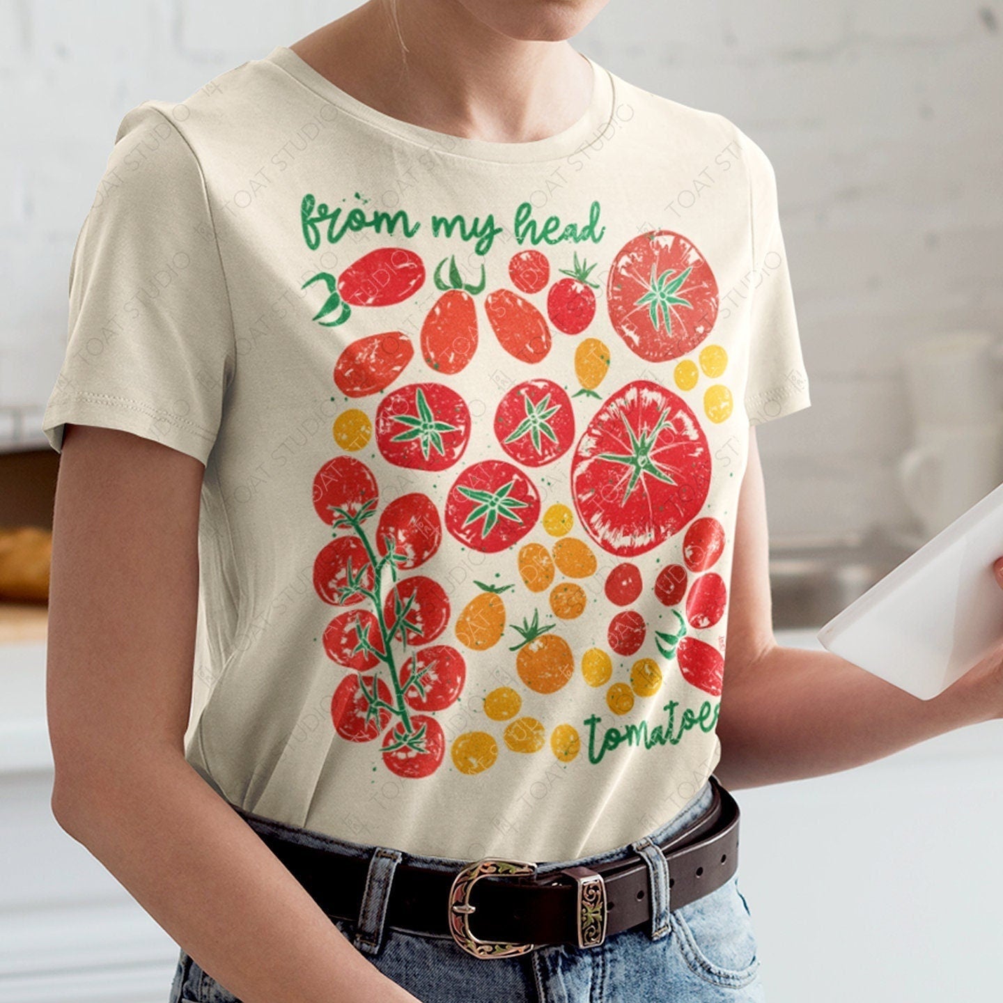 Tomato Blockprint II Unisex T-Shirt, Tomato Humor, Tomato Fruit Illustration, Botanical Tomato Plant Garden, Culinary Vegetable, Vegan Cook