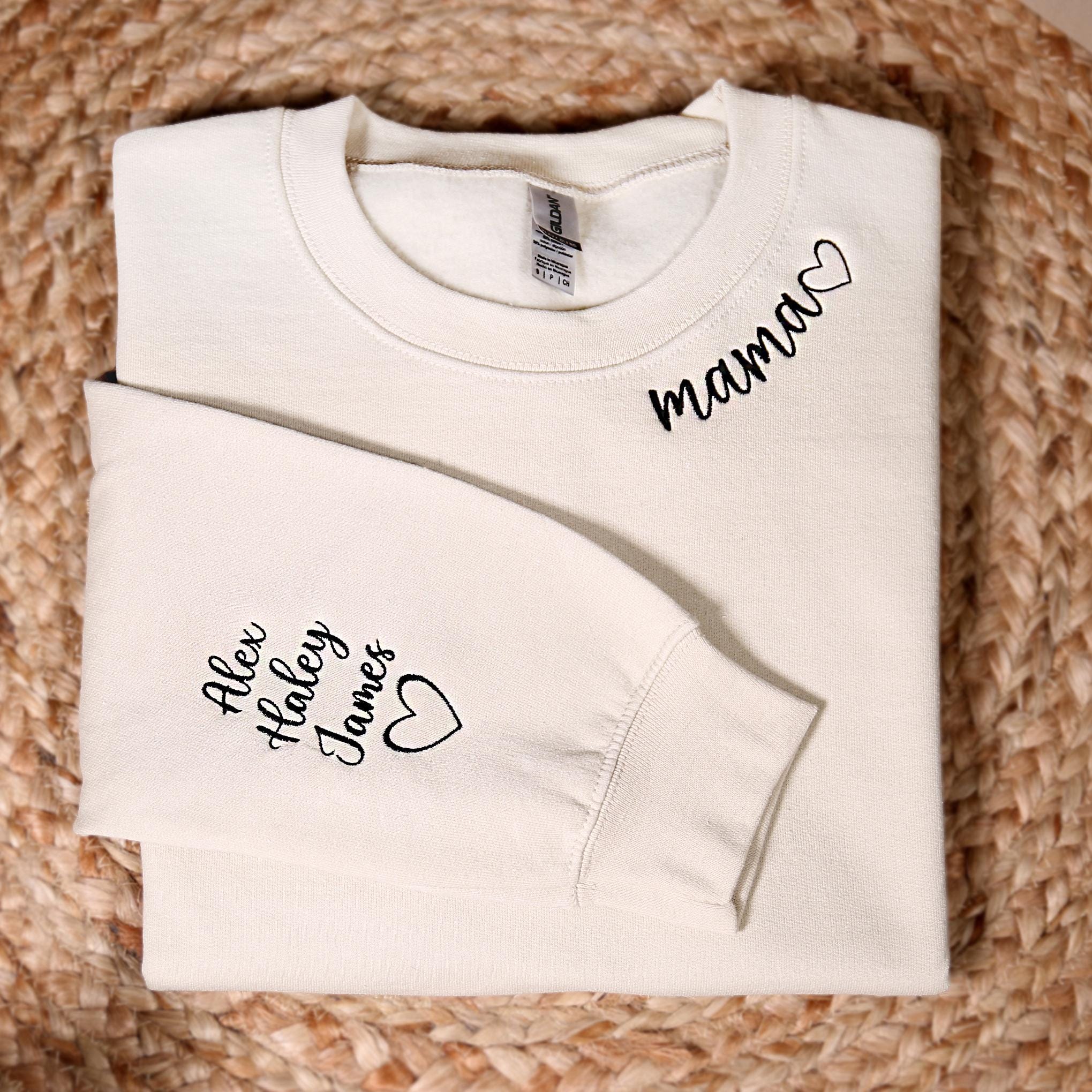 Personalized Mama Embroidered Sweatshirt, Custom Mom Hoodie With Kid Name On Sleeve, Mommy Outfit, Pregnancy Reveal Hoodie, Mothers Day Gift