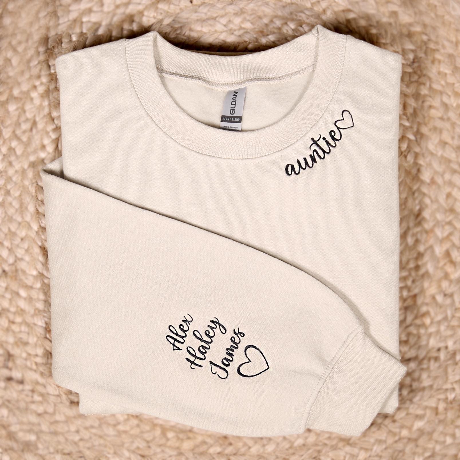 Custom Auntie Embroidered Sweatshirt With Nieces Nephew Names On Sleeve, Personalized Aunt Hoodie, Baby Announcement Outfit, New Aunt Gifts