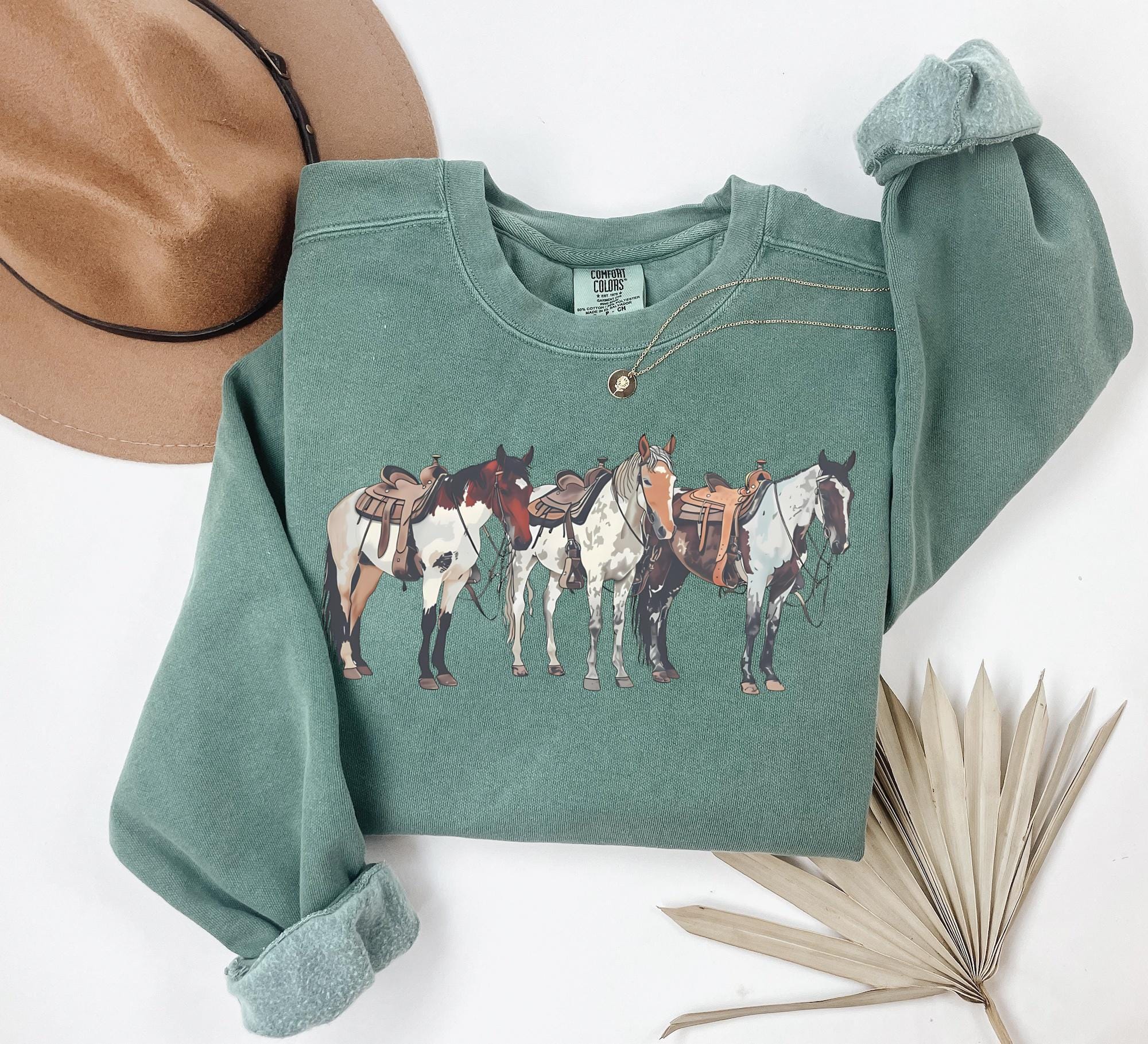 Comfort Colors® 1566 Unisex Garment-Dyed Sweatshirt, Western Horses Design by SwiftPOD, Perfect Gift for Horse Lovers, Trendy Holiday Outfit