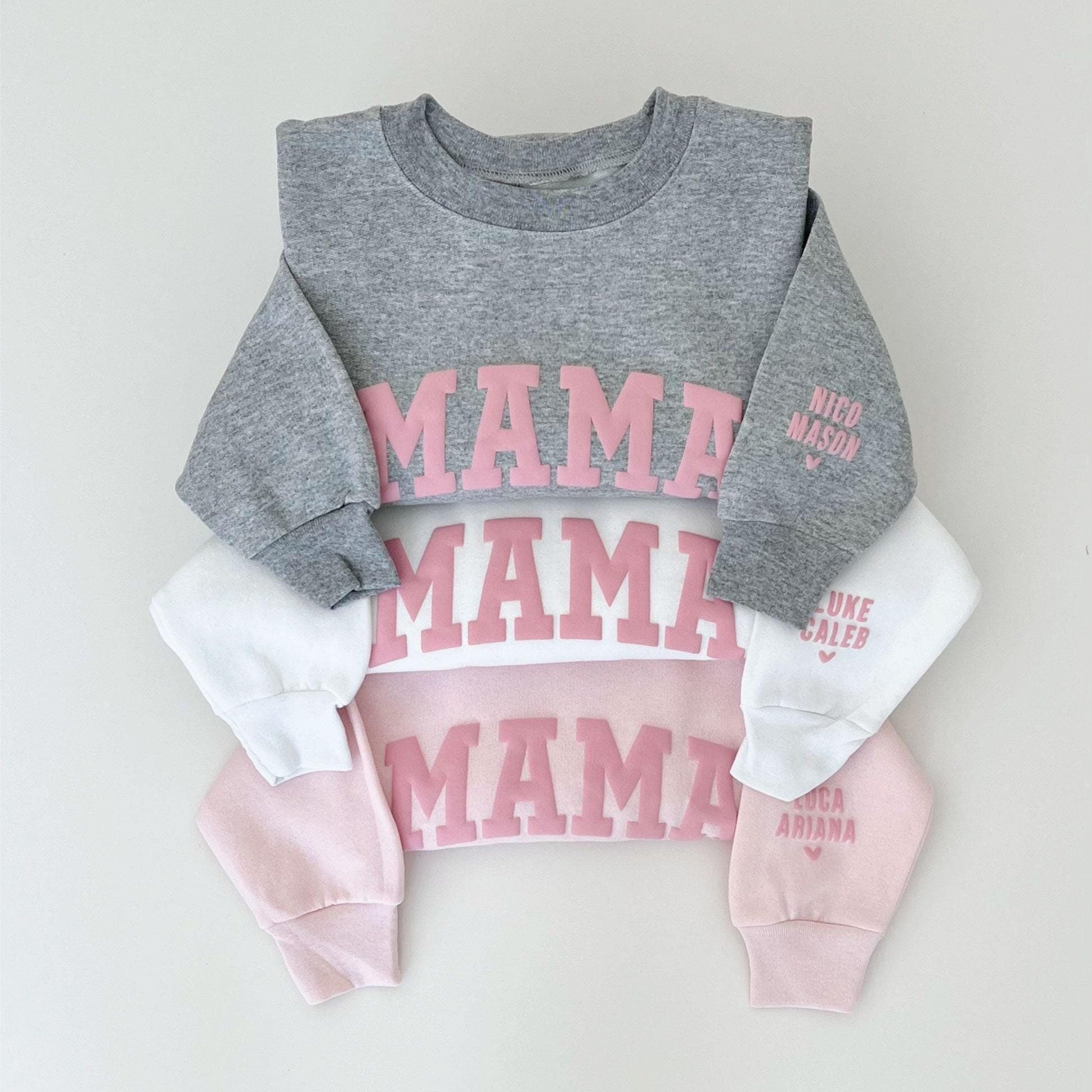 Pink Puff Mama Sweatshirt with Kids Names | Puff Letters | Embossed Lettering | Gift for Mom | Pink Mama Sweater