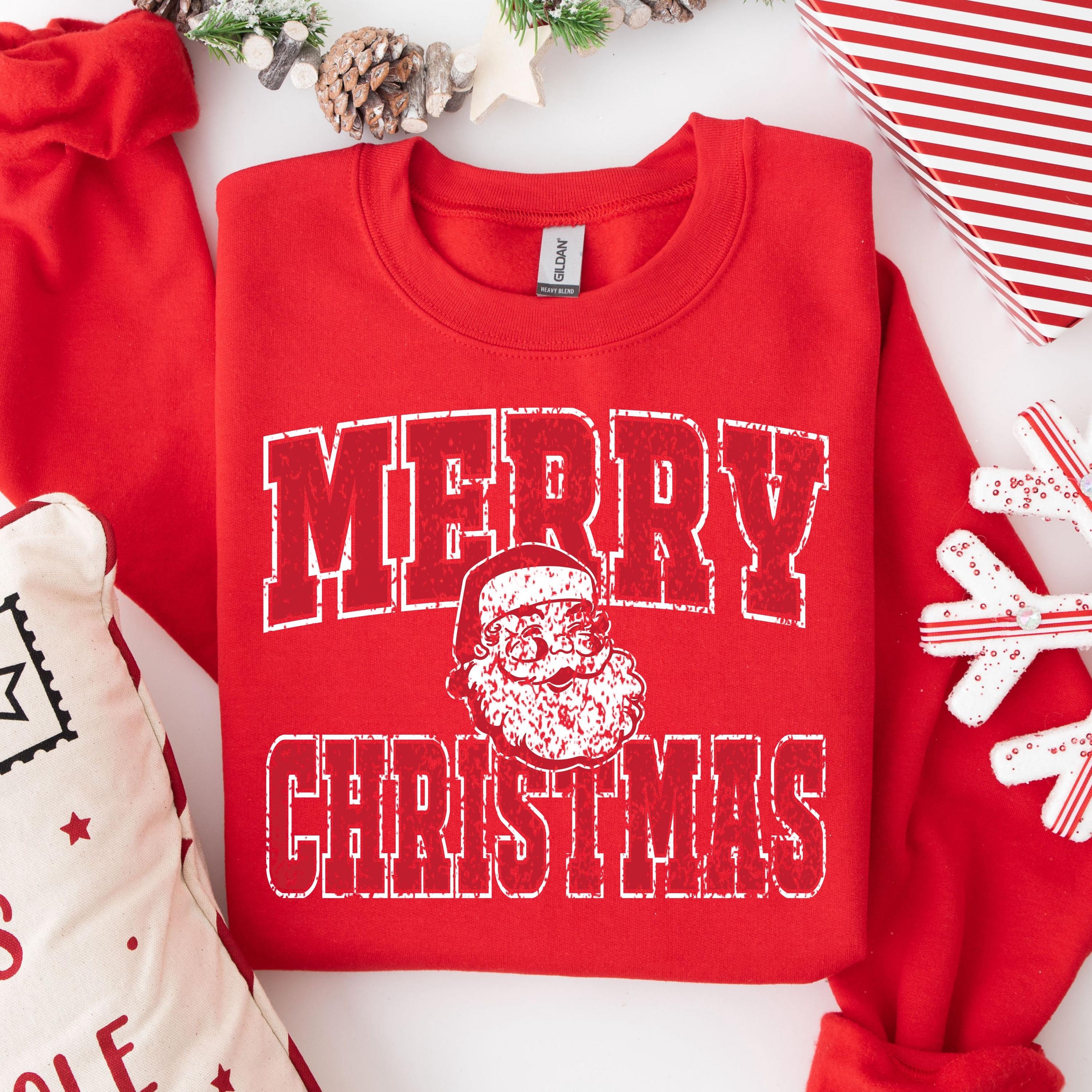 Merry Christmas Santa Sweatshirt for Women, Gildan 18000 Collage Christmas Sweater, Retro Santa Claus Aesthetic, Perfect Gift, Printify Choice, Christmas University Shirt, Cozy Santa University Sweater for Holiday Season
