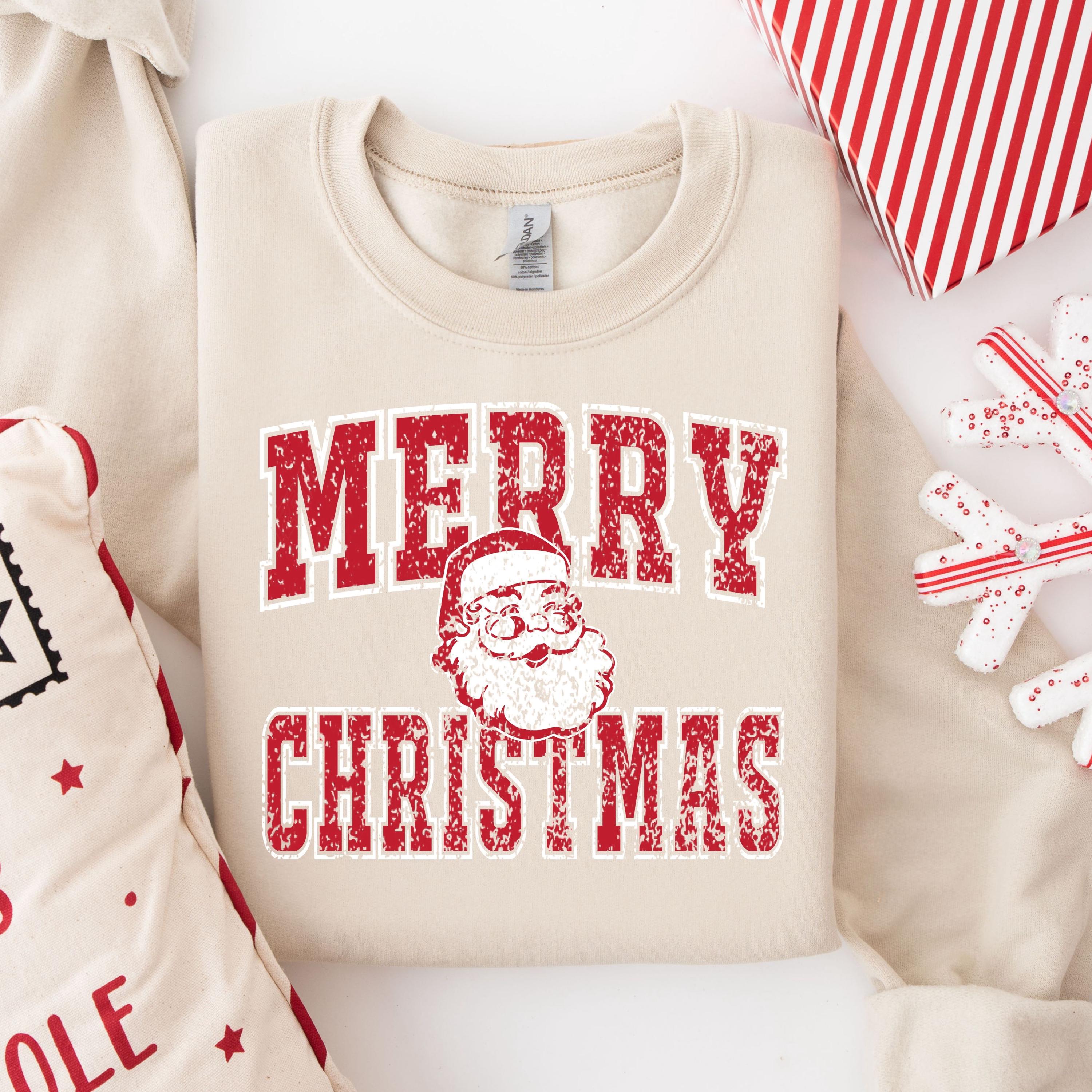 Merry Christmas Santa Sweatshirt for Women, Gildan 18000 Collage Christmas Sweater, Retro Santa Claus Aesthetic, Perfect Gift, Printify Choice, Christmas University Shirt, Cozy Santa University Sweater for Holiday Season
