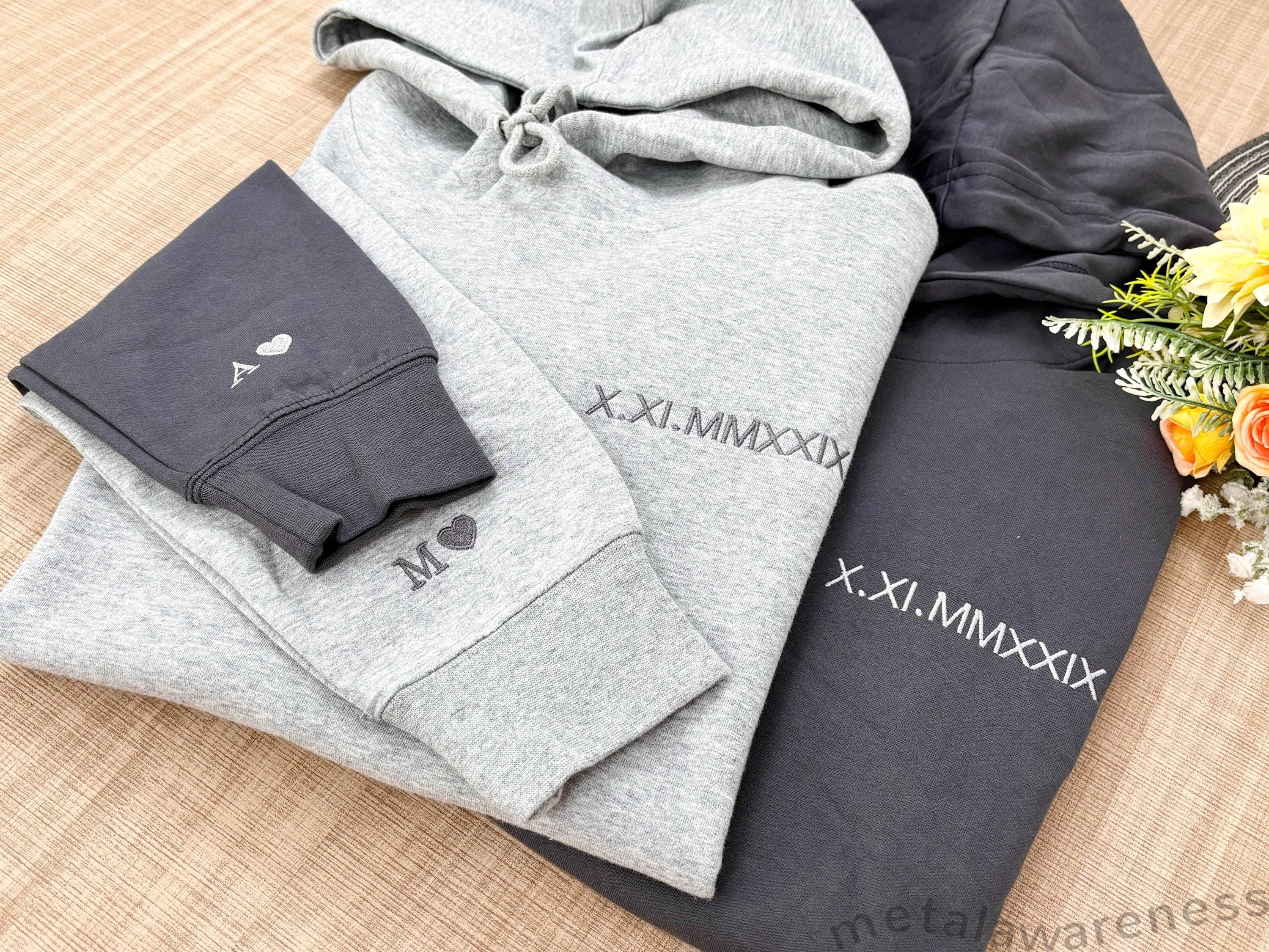 Embroidered Roman Numeral Hoodie | Matching Couple Hoodies | Initial On Sleeve | Personalized Anniversary, Valentines Day, Christmas Gift