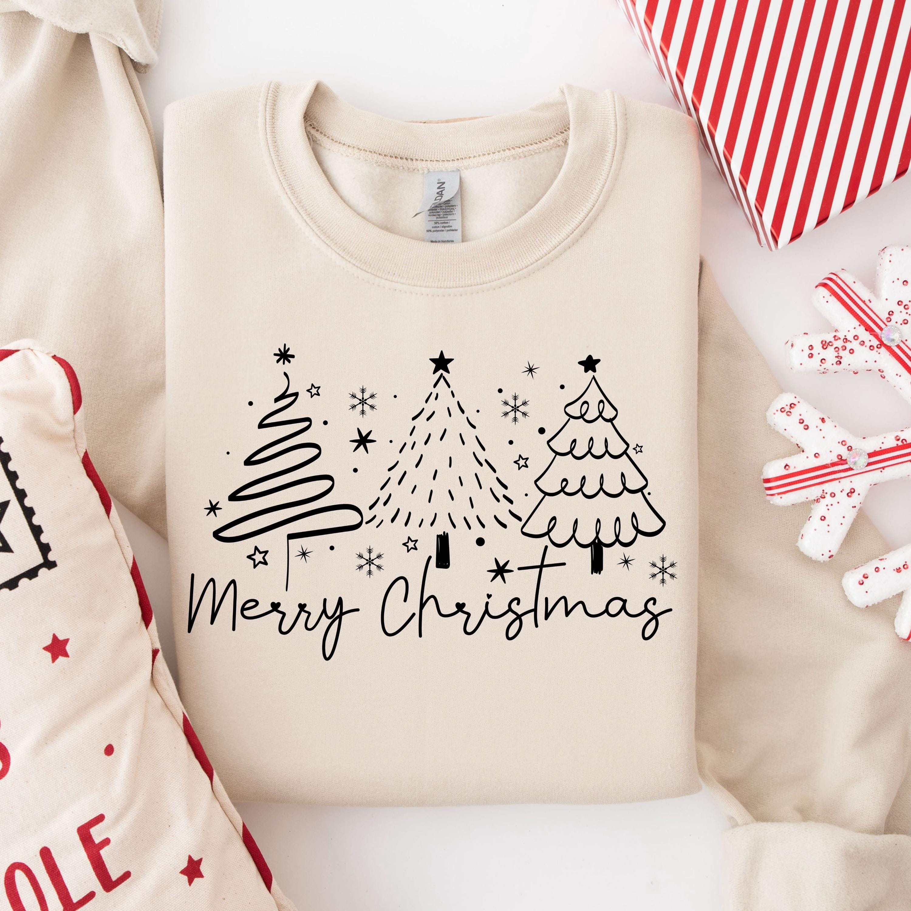 Gildan 18000 Merry Christmas Sweatshirt for Women, Cute Christmas Tree Sweater, Holiday Gift, Printify Choice, Family Matching Set, Women's Aesthetic Outfit, Cozy Holiday Shirt