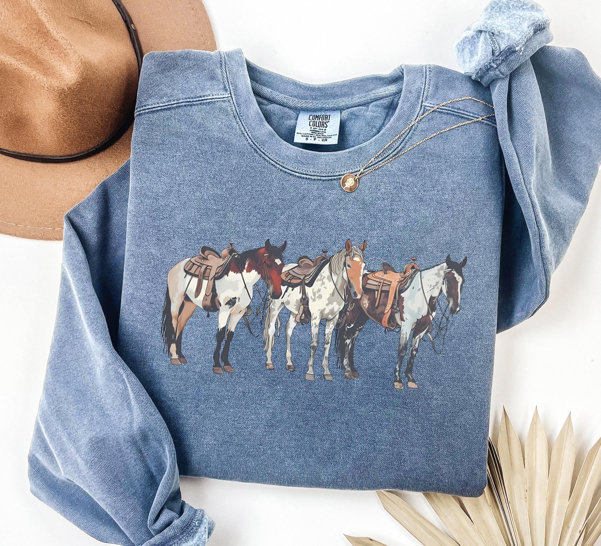 Comfort Colors® 1566 Unisex Garment-Dyed Sweatshirt, Western Horses Design by SwiftPOD, Perfect Gift for Horse Lovers, Trendy Holiday Outfit