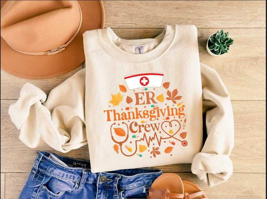 Gildan 18000 ER Thanksgiving Crew Shirt for Women, ED Nurse Gobble Squad Sweatshirt, Retro Turkey Nurse Tee, Printify Choice, Perfect Fall Outfit, Pumpkin Season Aesthetic, Thankful Gift