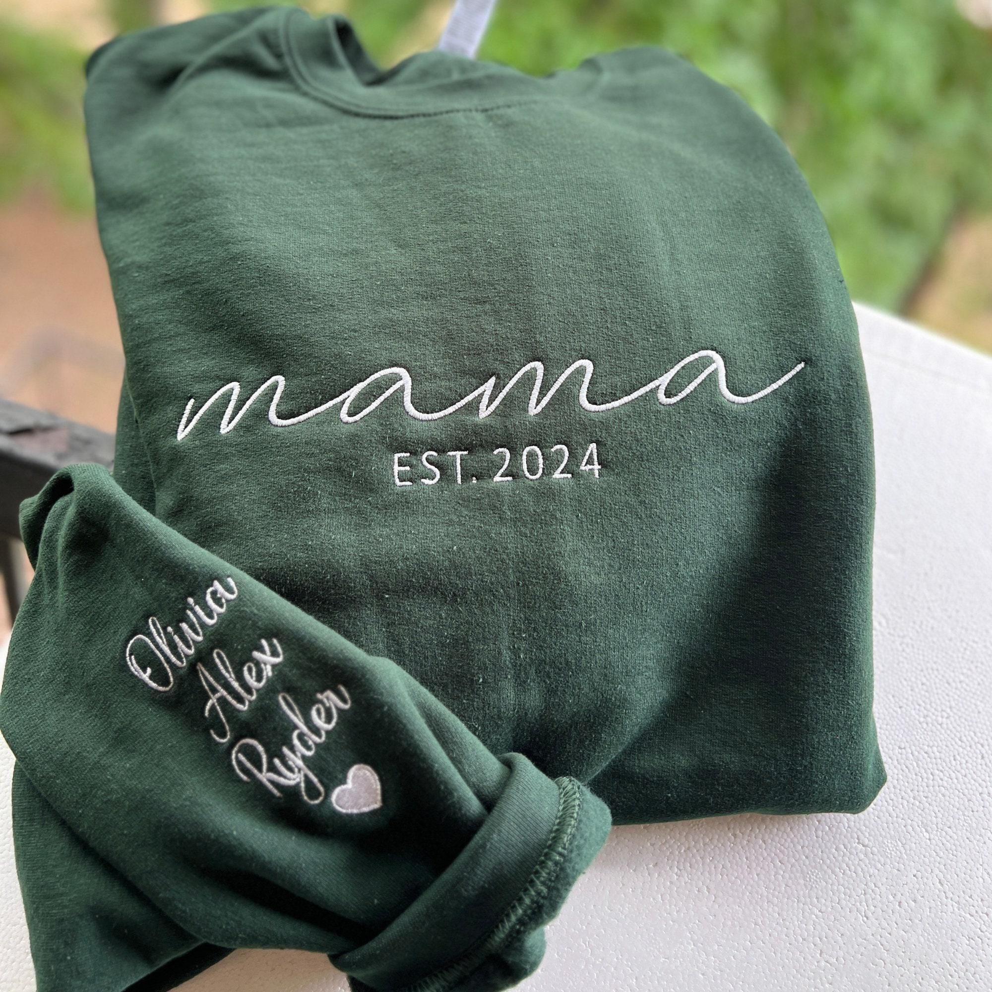 Embroidered Mama Sweatshirt with Date and Kids Names on Sleeve, Custom Embroidered Mama Sweatshirt with Date and Kids Names on Sleeve