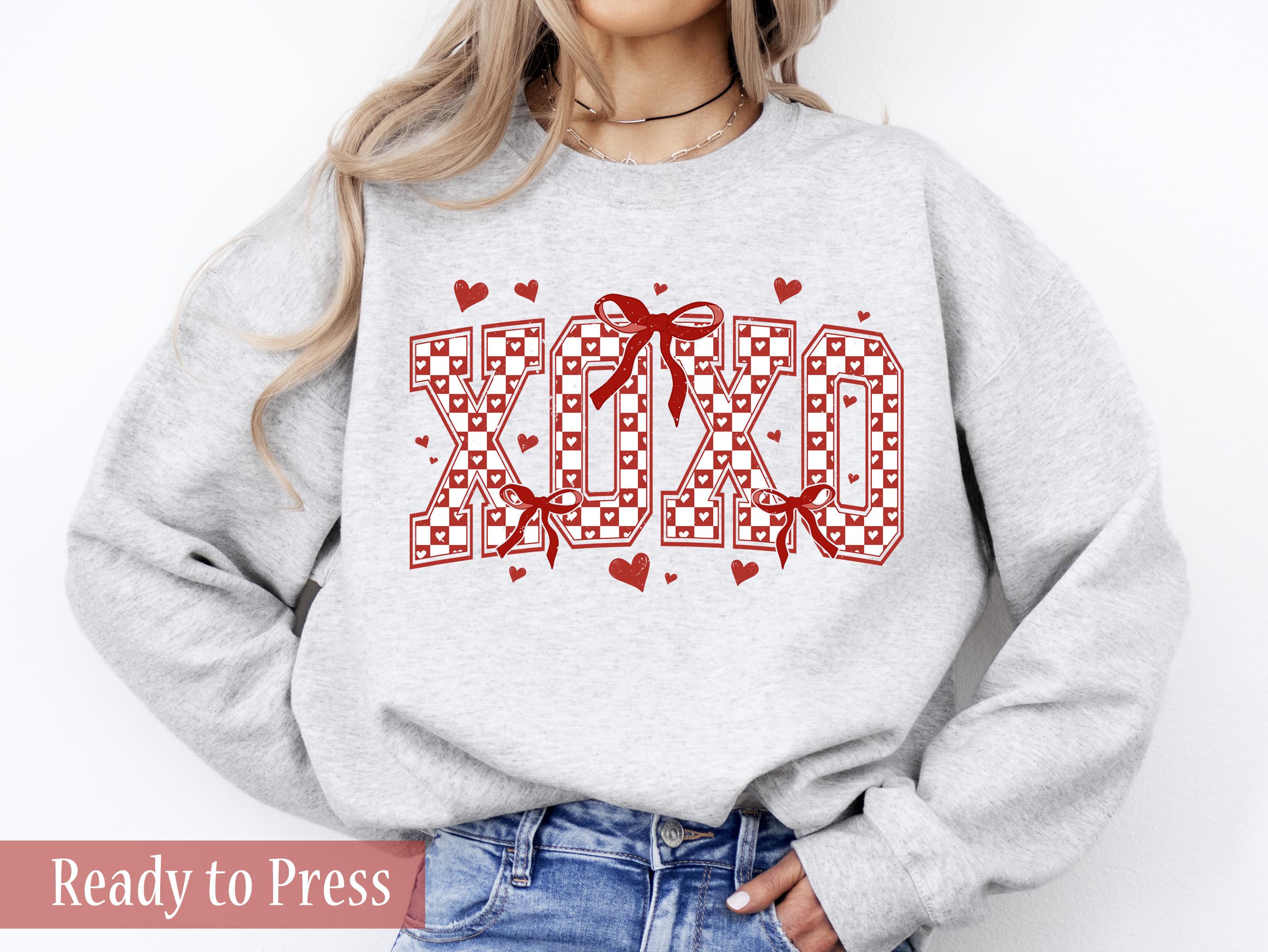 Valentine Varsity Checker XOXO Gildan 18000 Crewneck - Cozy DTF Transfers Sweatshirt for Couples - Printify Choice Gift