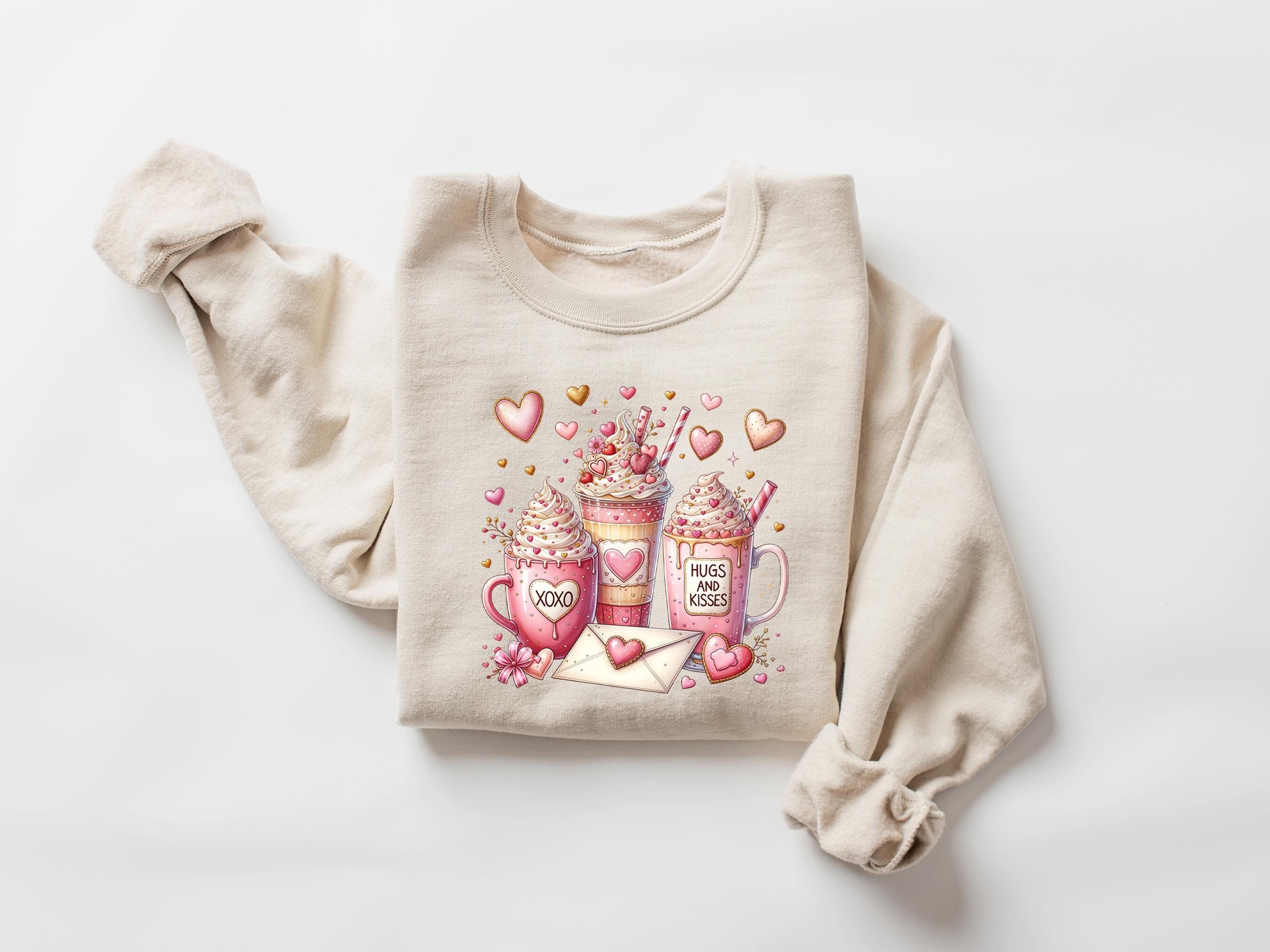 Gildan 18000 Valentine Coffee Sweatshirt for Women - Cozy Printify Choice Gift, Pink XOXO Aesthetic, Perfect Valentine's Day Outfit