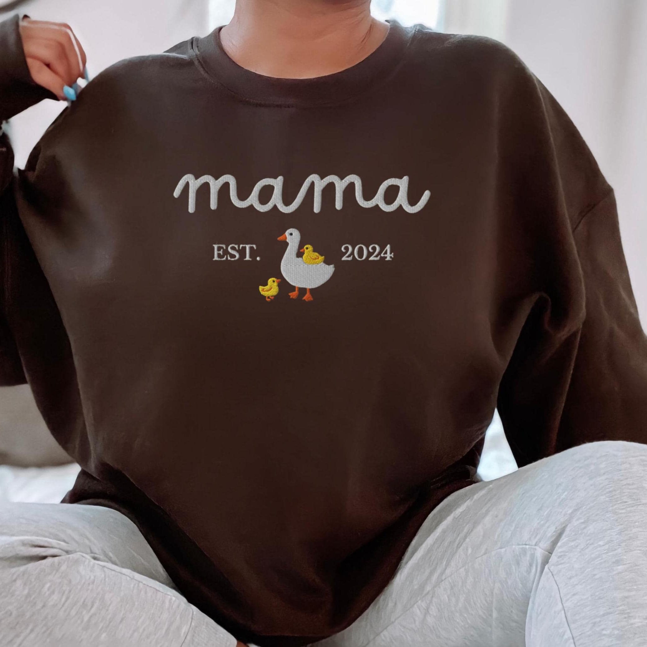 EMBROIDERED Custom Mama Goose Sweatshirt, Mama Duck With Duckling Sweater, Varsity Mama Personalized Year Crewneck, Mama Est Year Crewneck