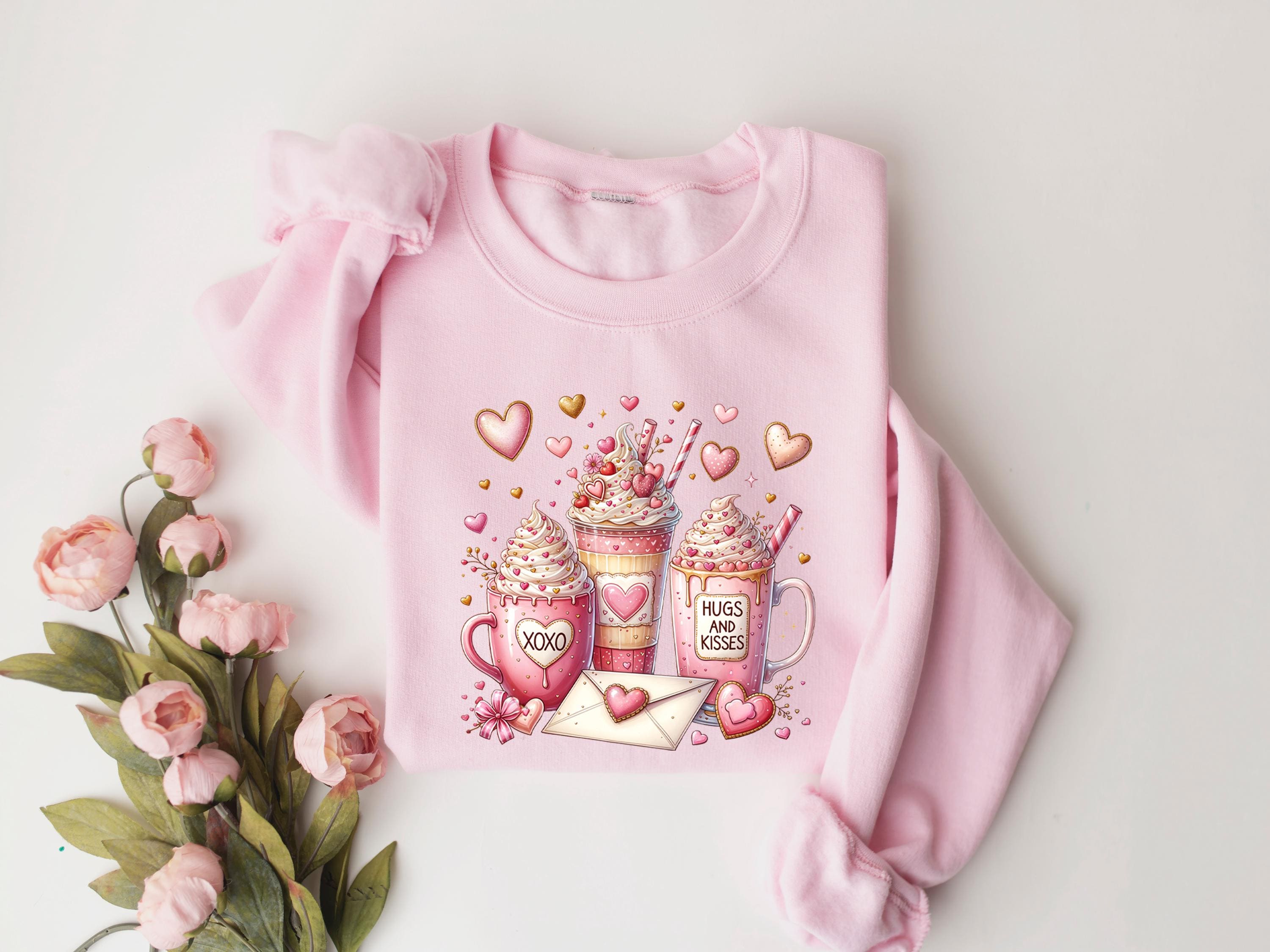 Gildan 18000 Valentine Coffee Sweatshirt for Women - Cozy Printify Choice Gift, Pink XOXO Aesthetic, Perfect Valentine's Day Outfit