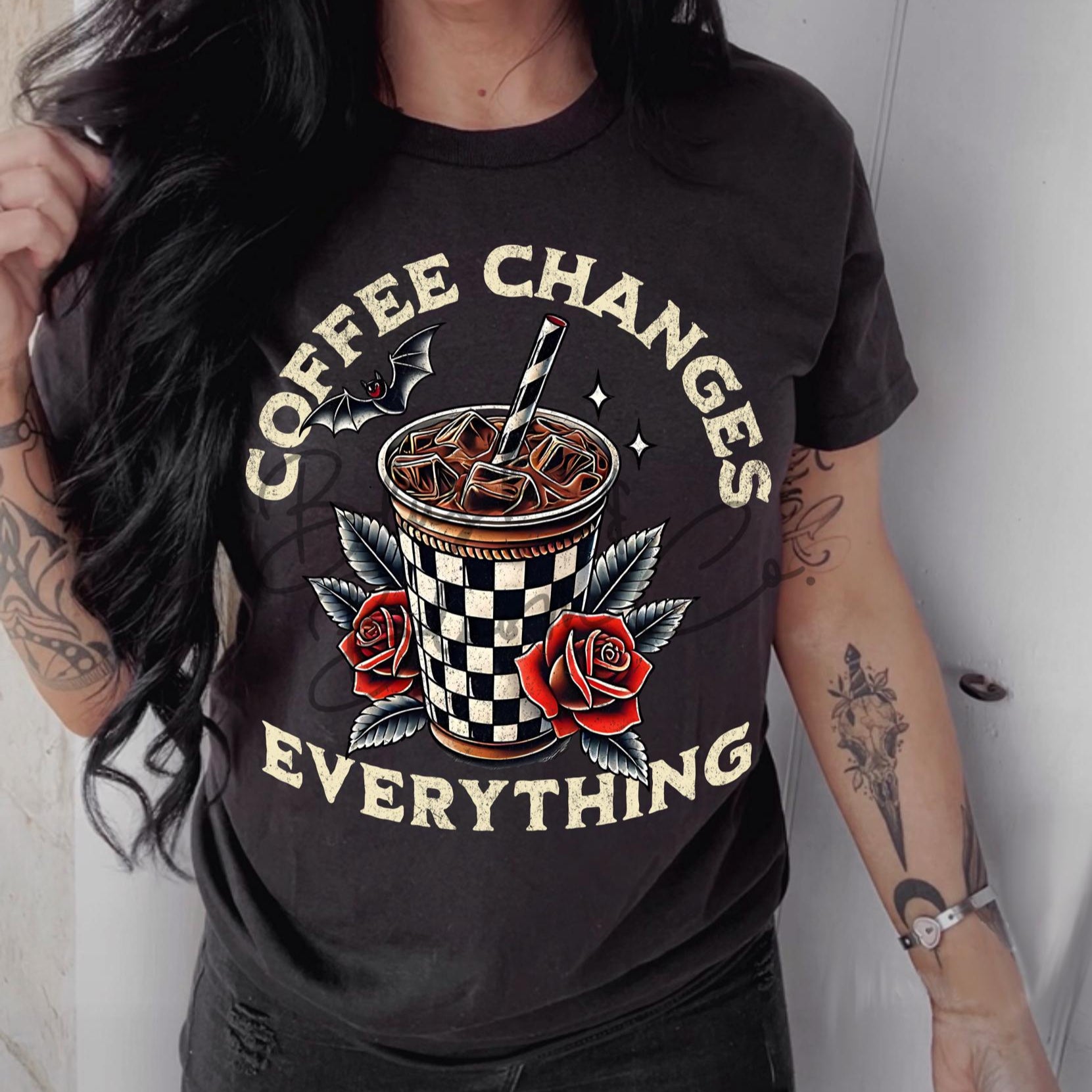 Coffee changes everything, edgy tshirt, goth roses tshirt