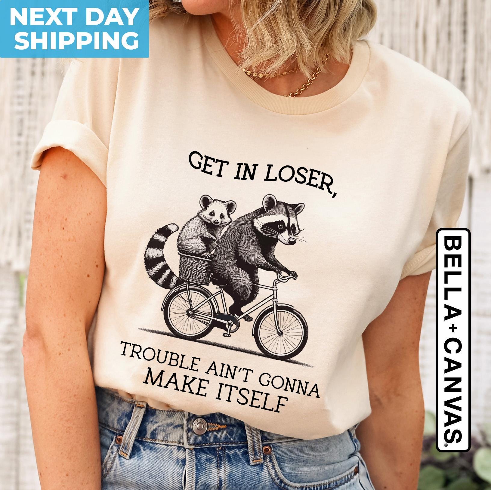 Get In Loser Raccoon Shirt - Funny Sarcastic Meme Tee for Raccoon Lovers, Unisex Heavy Cotton Gildan 5000 by Printify, Perfect Gift for Men & Women, Casual Outfit Choice