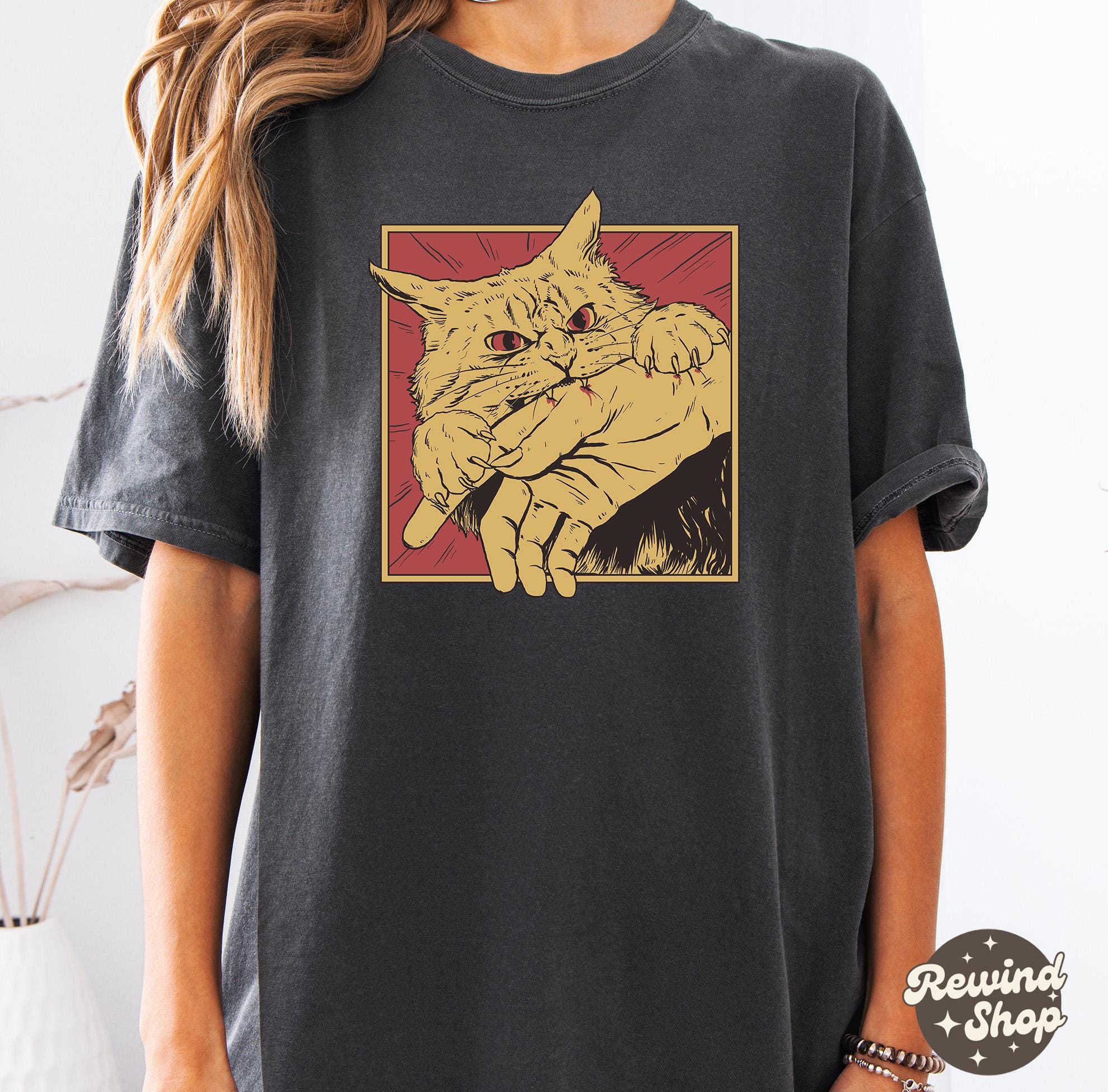 Unisex Vintage Cat Bite Shirt, Japanese Horror Anime Tee, Comfort Colors® 1717, SwiftPOD Retro Graphic, Cool Gift for Cat Lovers
