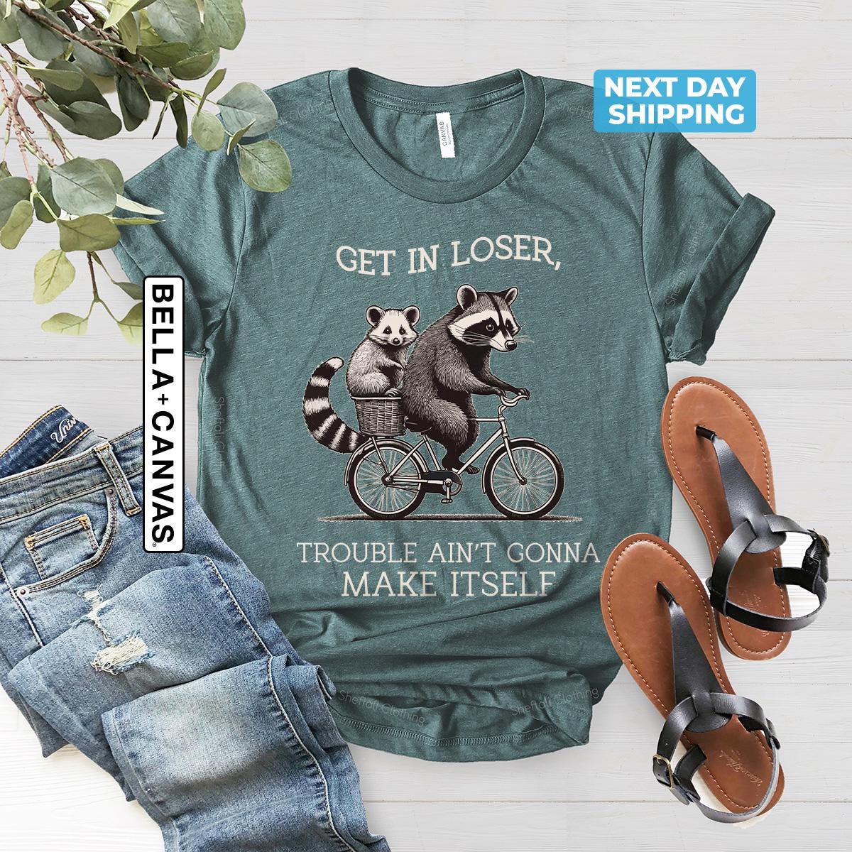 Get In Loser Raccoon Shirt - Funny Sarcastic Meme Tee for Raccoon Lovers, Unisex Heavy Cotton Gildan 5000 by Printify, Perfect Gift for Men & Women, Casual Outfit Choice