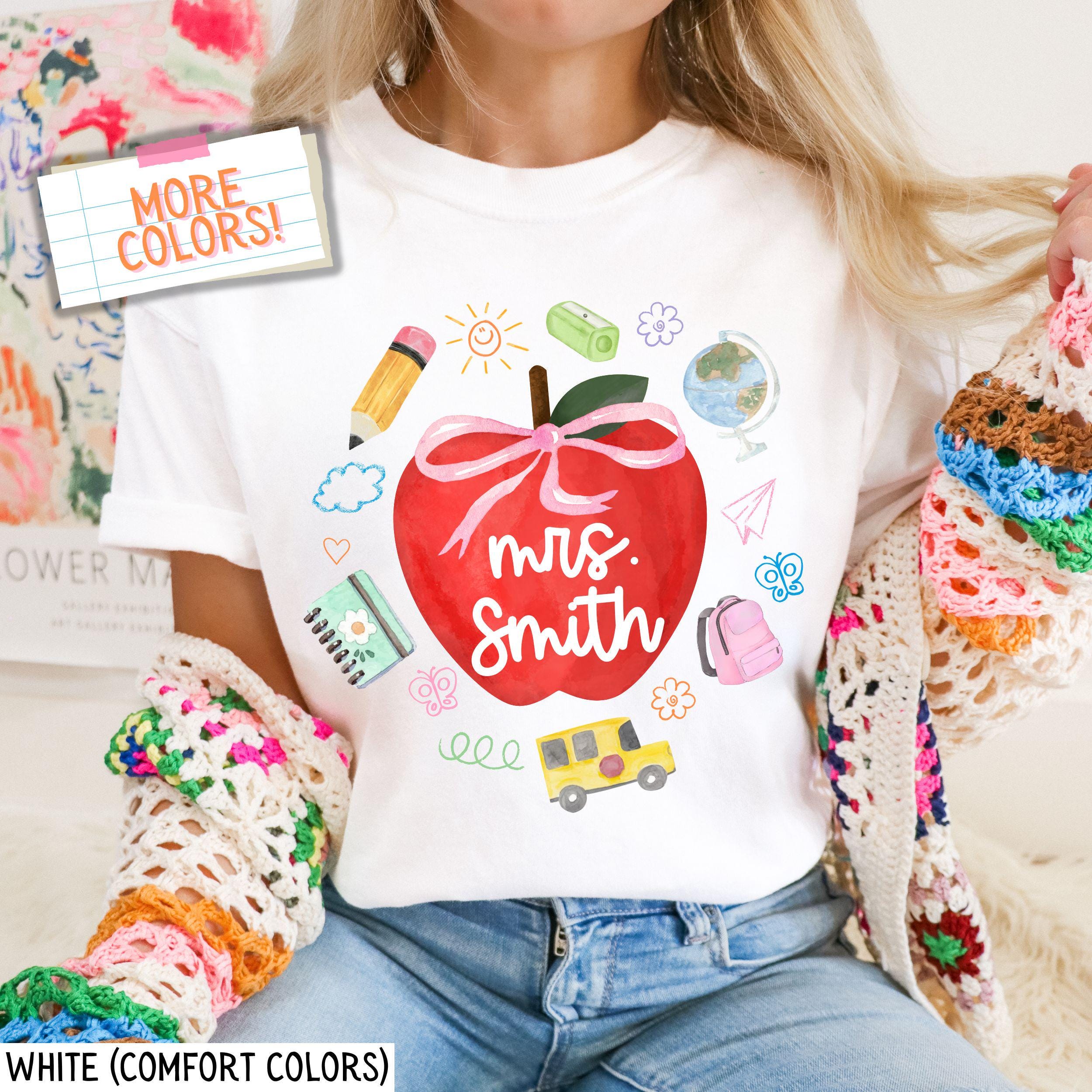 Comfort Colors® Custom Teacher Shirt apple with pink bow Coquette t-shirt for teachers School bus Cute Elementary teacher Appreciation Gift