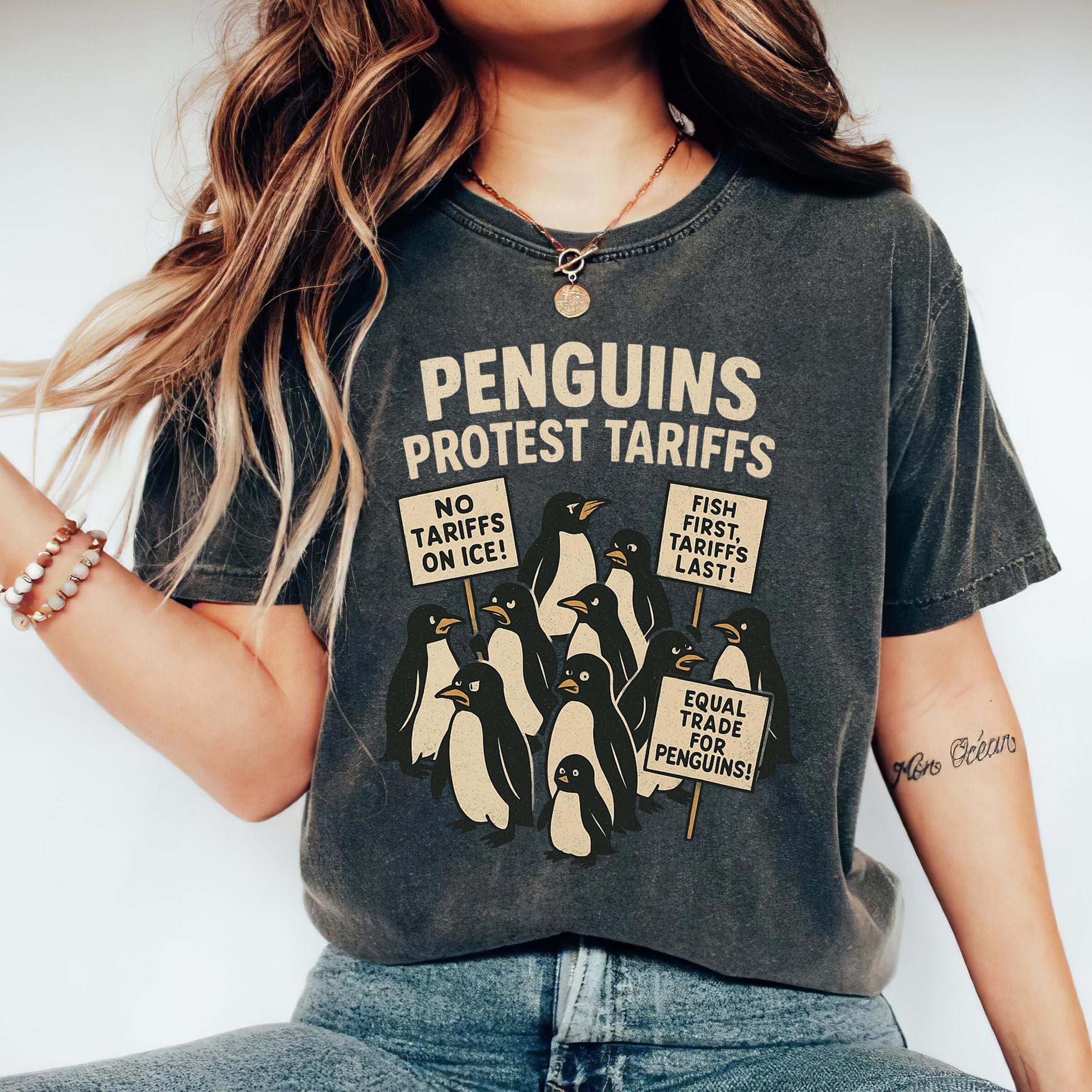 COMFORT COLORS Penguins Protest Tariffs Shirt, Funny Tariffs Shirt, Funny Penguin Graphic Tee, Political Satire T-shirt