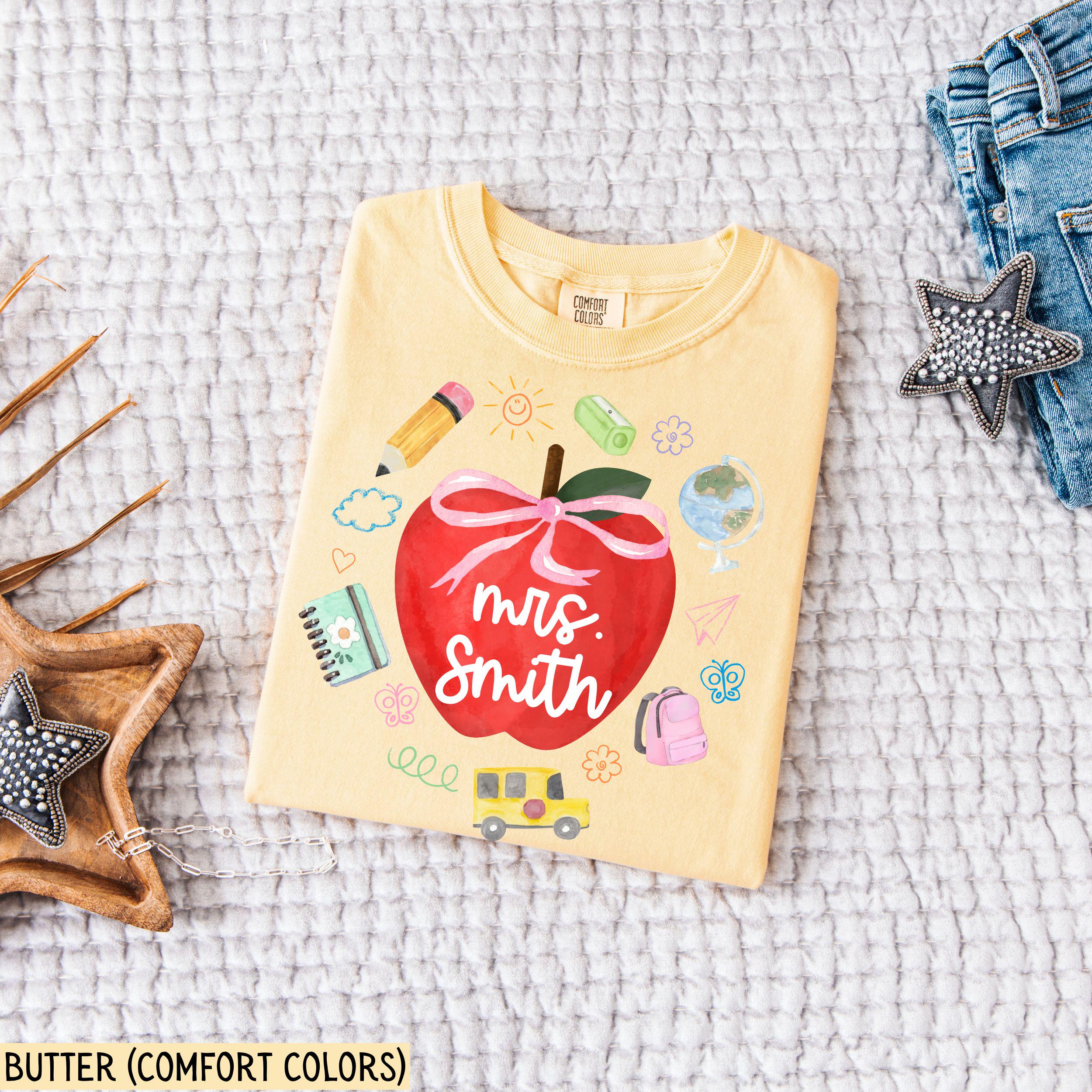 Comfort Colors® Custom Teacher Shirt apple with pink bow Coquette t-shirt for teachers School bus Cute Elementary teacher Appreciation Gift
