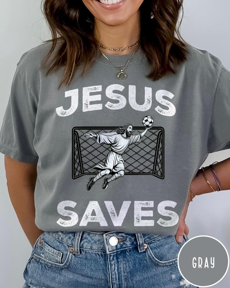 Jesus Saves Soccer Goalie T-Shirt - Unisex Garment-Dyed Christian Tee, Soft Cotton, Aesthetic Fit, Summer Game Day Church Outfit, Gift for Men & Women