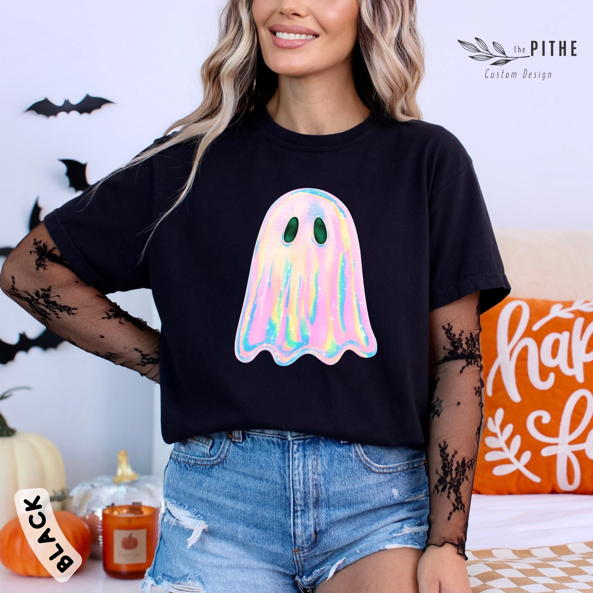Comfort Colors® Iridescent Ghost T-Shirt, Pastel Halloween Tee, Spooky Season Shirt, Halloween Ghost Sweatshirt