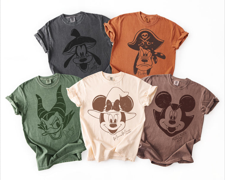 Retro Spooky Pals Halloween Shirt, Garment-Dyed Cotton Tee, Unisex Relaxed Fit, Halloween Party Outfit, Cute Gift, Matching Set
