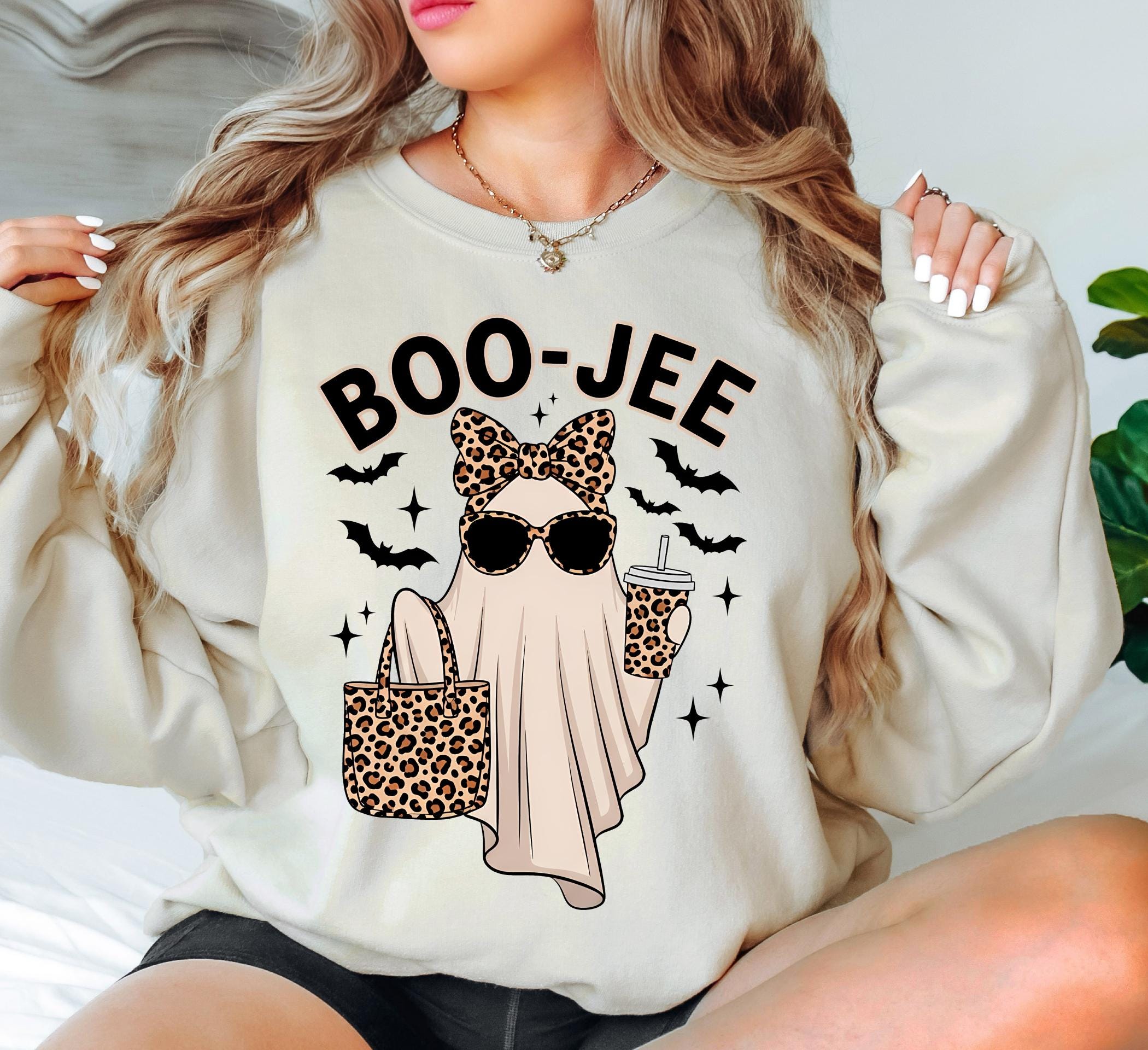 Comfort Colors ® Halloween Sweatshirt: Leopard Pattern Ghost Coffee Top, Cute Autumn Gift, Vintage Spooky Season Fall Pullover