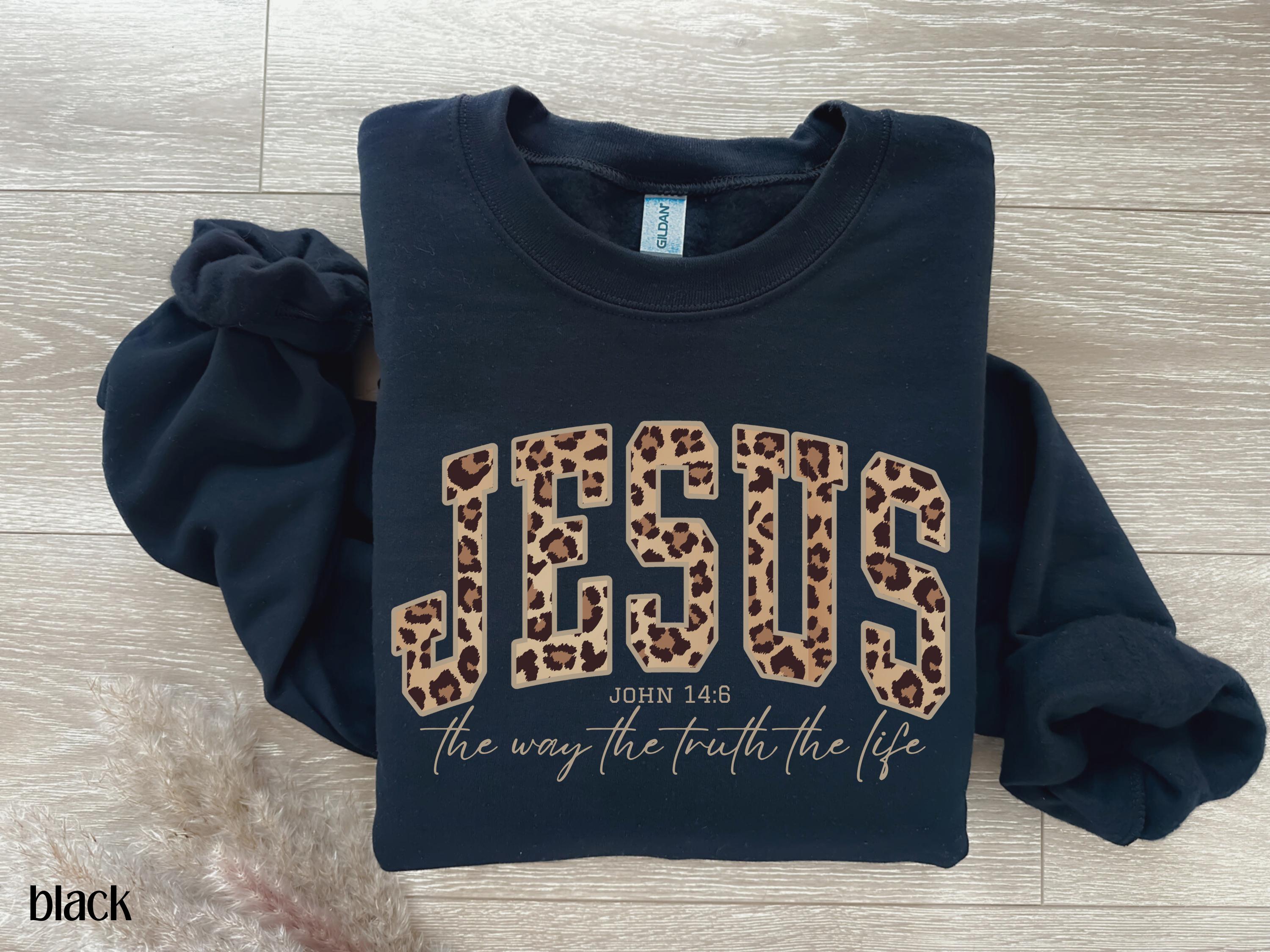 Christian Jesus Sweatshirt for Women, Cheetah Print Bible Verse Tee, Trendy Faith Apparel Gift, Gildan 18000, Printify Choice, Jesus Loves You, The Way The Truth The Life, Perfect Fall Outfit, Aesthetic Faith Clothing
