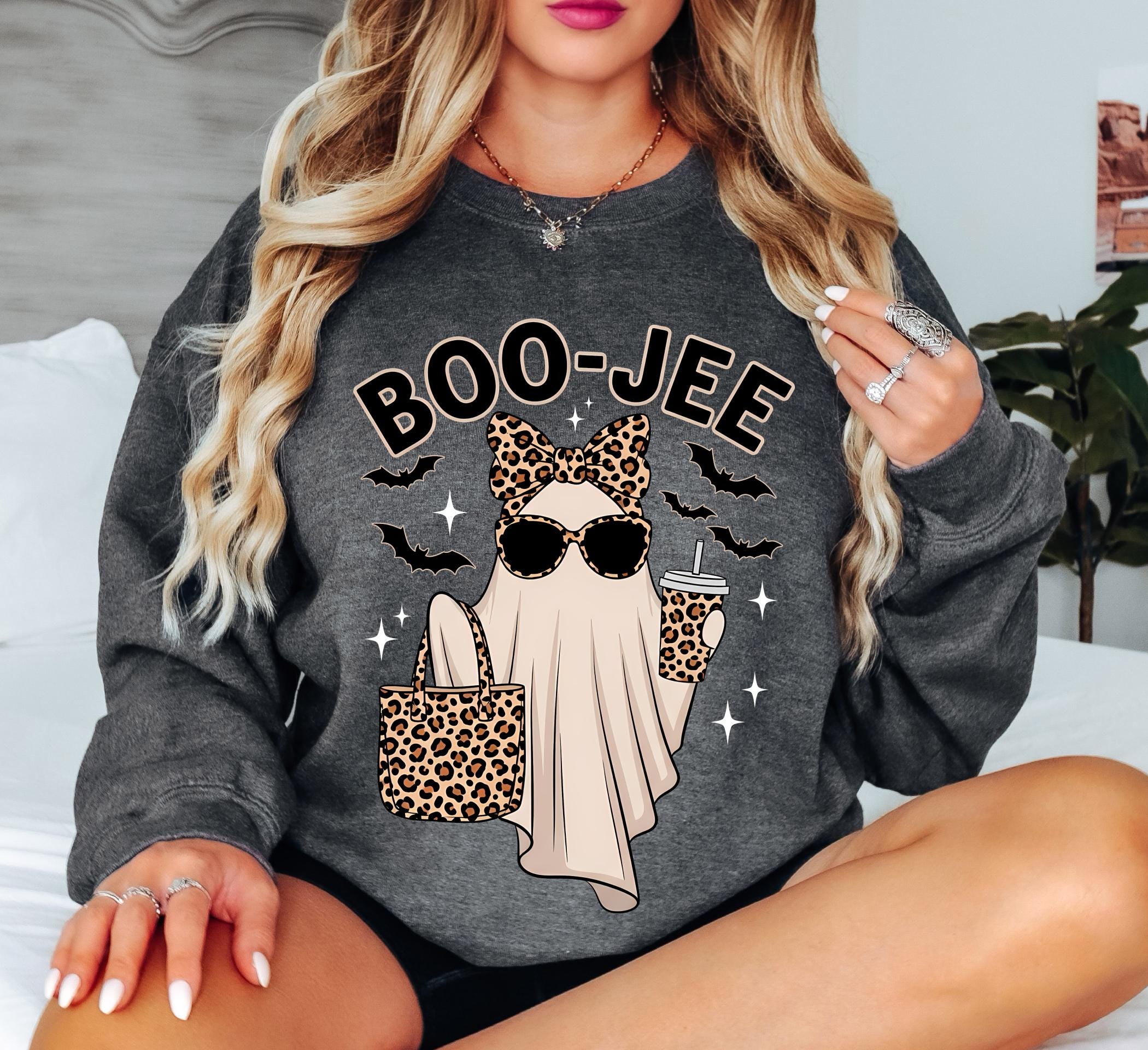 Comfort Colors ® Halloween Sweatshirt: Leopard Pattern Ghost Coffee Top, Cute Autumn Gift, Vintage Spooky Season Fall Pullover