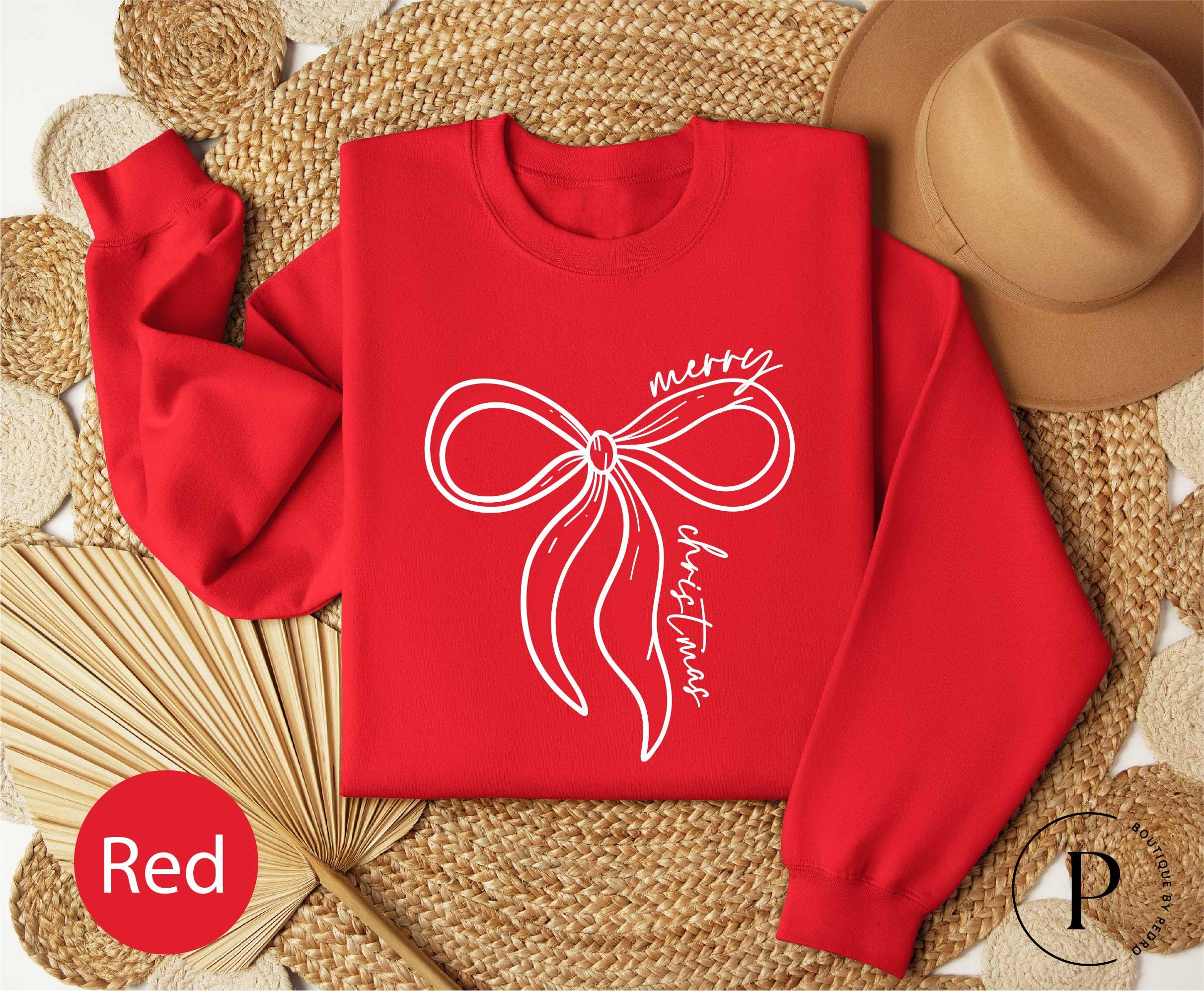 Red Bow Coquette Christmas T-Shirt, Gildan 5000 Unisex Heavy Cotton Tee, Merry Christmas Bow Sweatshirt, Holiday Outfit for Women & Men, Printify Choice, Cozy Coquette Crewneck, Perfect Gift for Aesthetic Holiday Season, Viral Matching Set