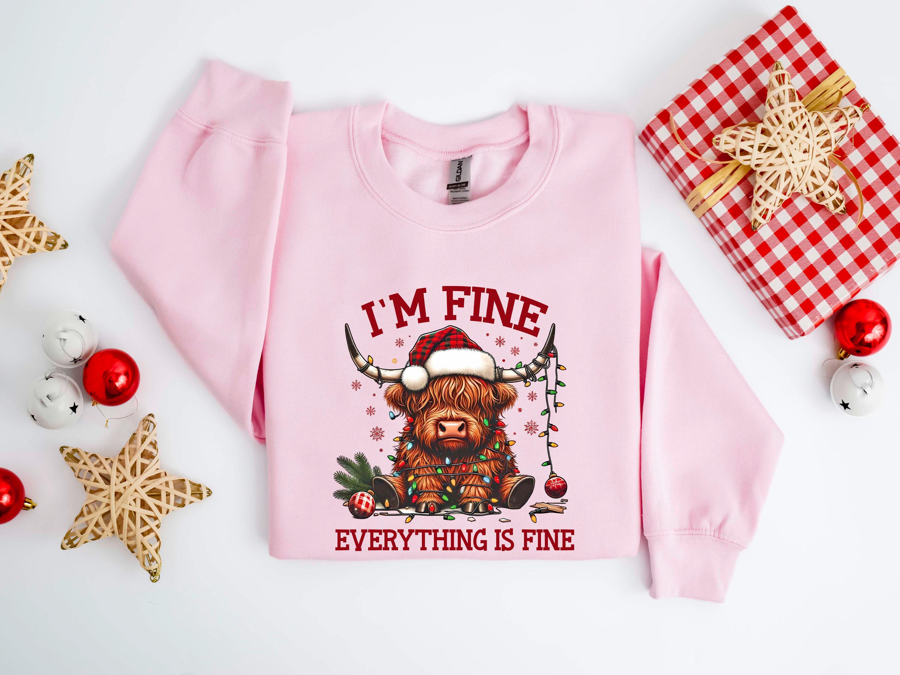 Gildan 18000 I'm Fine Everything's Fine Funny Christmas Highland Cow Lights Sweatshirt, Cozy Festive Jumper for Her, Durable Printify Choice Christmas Lights Sweater, Perfect Holiday Gift for Women