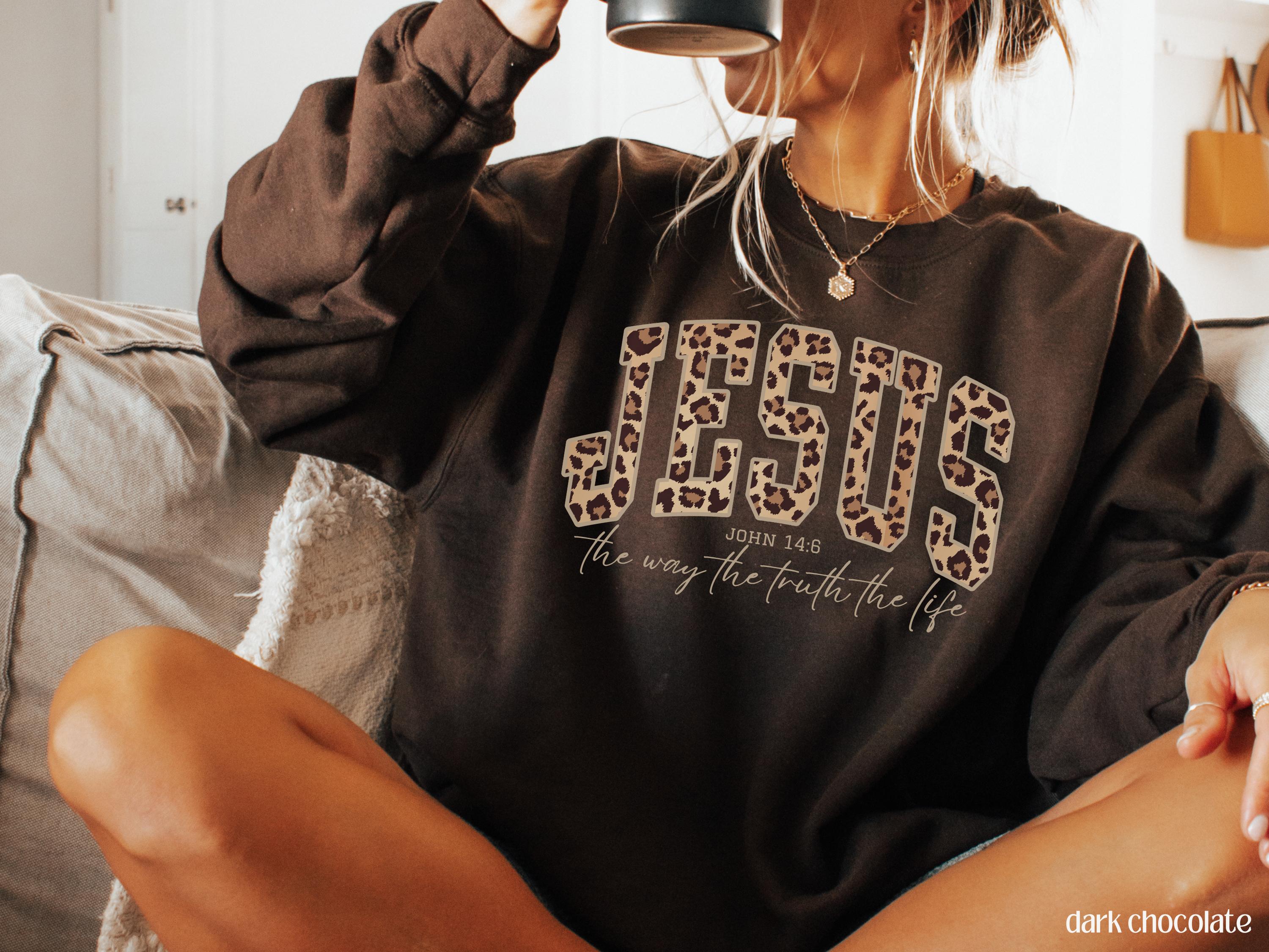 Christian Jesus Sweatshirt for Women, Cheetah Print Bible Verse Tee, Trendy Faith Apparel Gift, Gildan 18000, Printify Choice, Jesus Loves You, The Way The Truth The Life, Perfect Fall Outfit, Aesthetic Faith Clothing