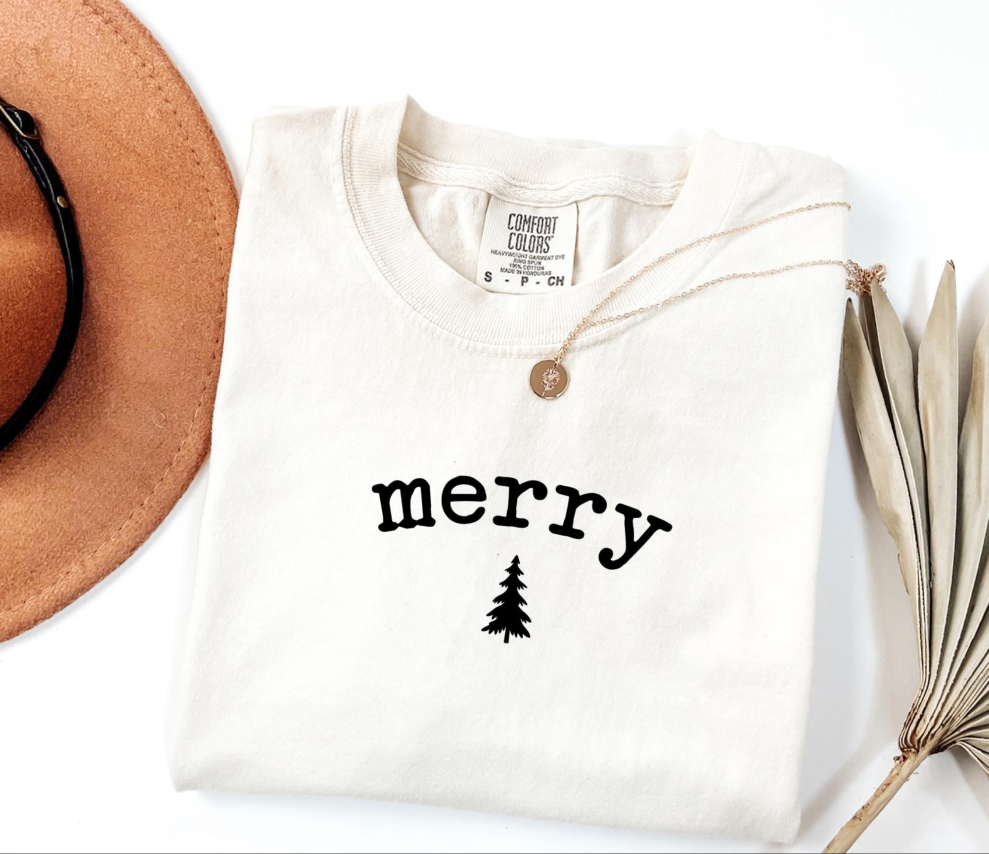 Minimal Merry Christmas Tree Shirt: Comfort Colors® 1717 Unisex Garment-Dyed T-shirt, Perfect Holiday Gift for Women, Aesthetic Winter Outfit, Cozy Xmas Graphic Tee