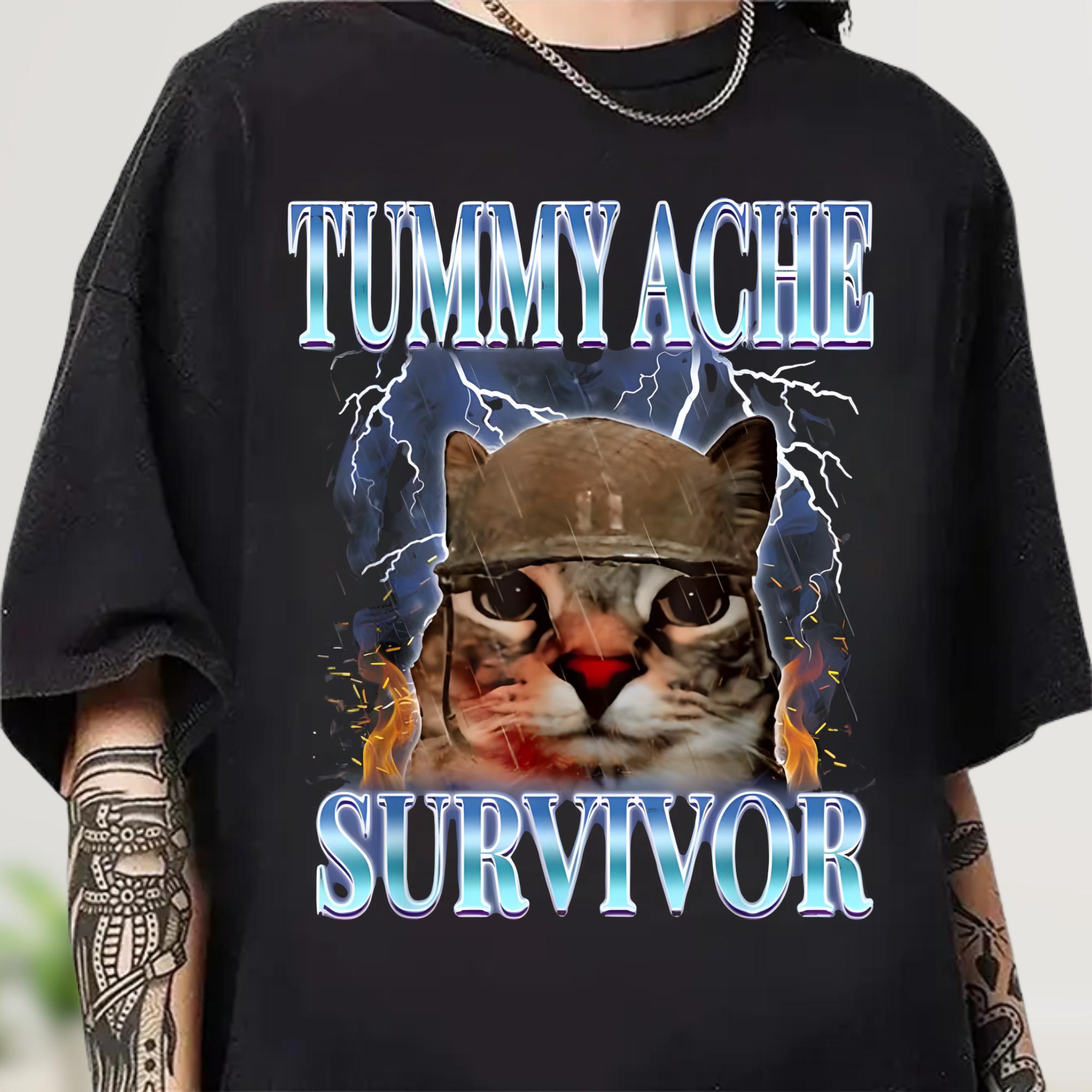 I Survived Today's Tummy Ache Shirt, Funny Cat Vintage Tee, Trendy Unisex Gildan 18000, Printify Choice, Meme T-Shirt for Women & Men, Perfect Gift, Tummy Ache Survivor Outfit, 4 Aesthetic Styles