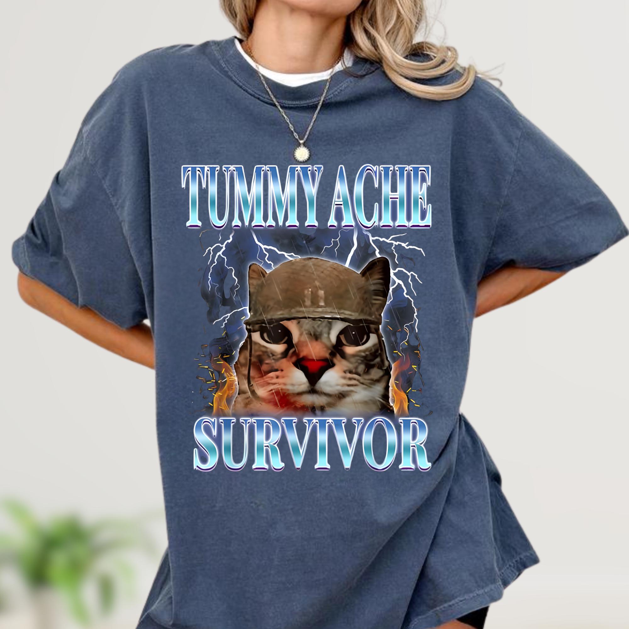 I Survived Today's Tummy Ache Shirt, Funny Cat Vintage Tee, Trendy Unisex Gildan 18000, Printify Choice, Meme T-Shirt for Women & Men, Perfect Gift, Tummy Ache Survivor Outfit, 4 Aesthetic Styles
