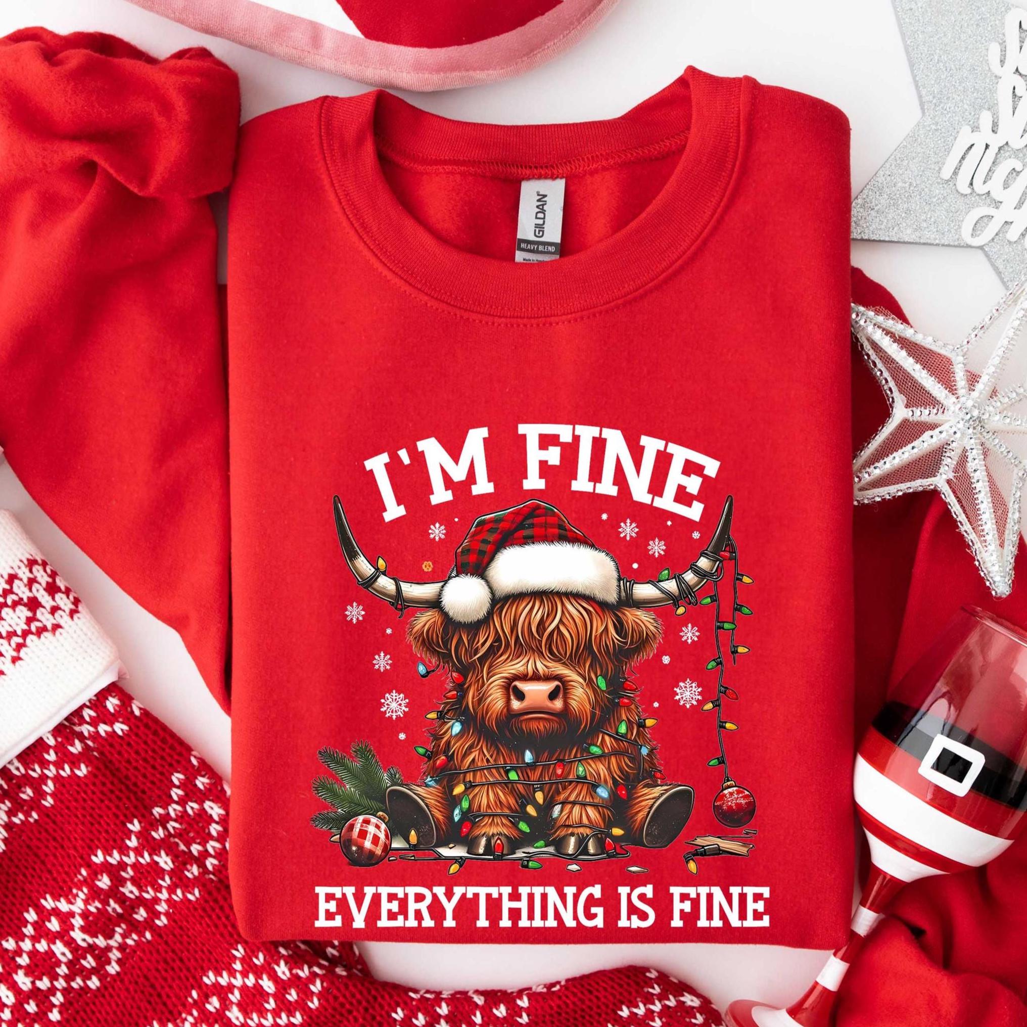 Gildan 18000 I'm Fine Everything's Fine Funny Christmas Highland Cow Lights Sweatshirt, Cozy Festive Jumper for Her, Durable Printify Choice Christmas Lights Sweater, Perfect Holiday Gift for Women