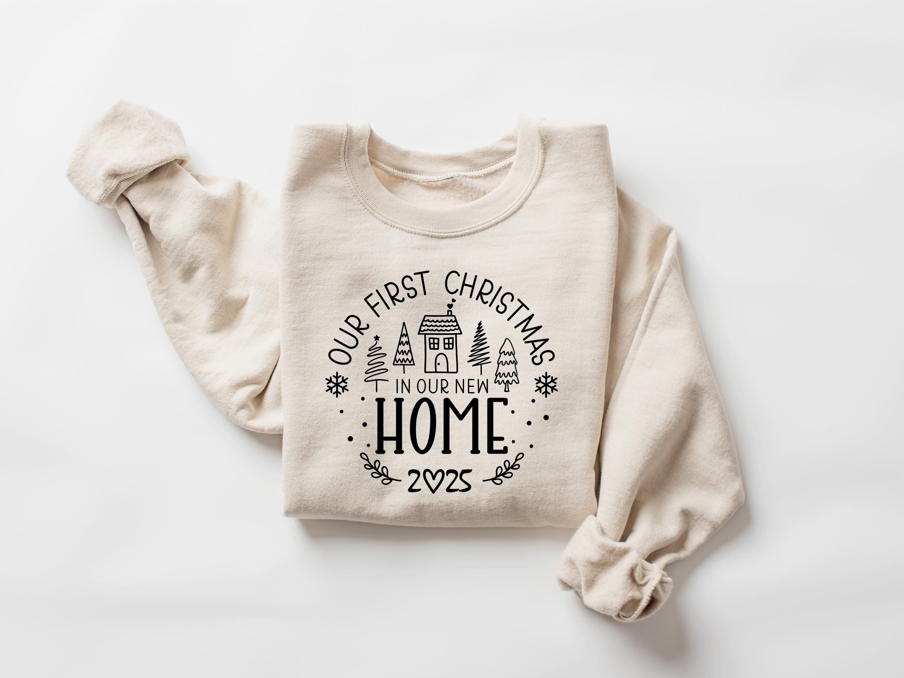 First Christmas in Our New Home Gildan 18000 Sweatshirts, Family Holiday Shirt, New House Gift, Printify Choice, Matching Set for Couples, Cozy Winter Outfit