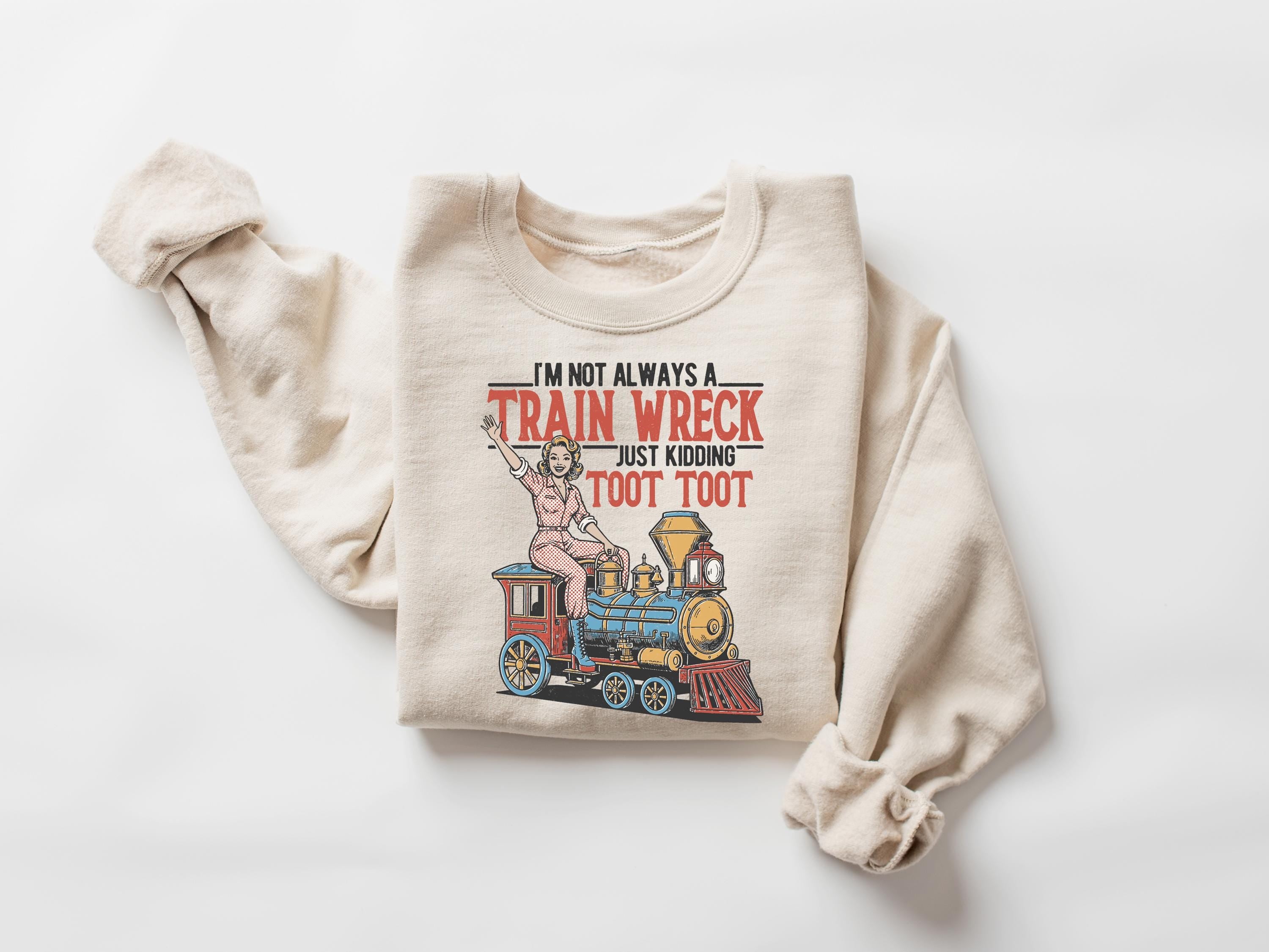 Women's Funny Train Wreck Sweatshirt, Gildan 18000 Crewneck, Cozy Printify Choice Top, Perfect Gift for Mental Humor Aesthetic